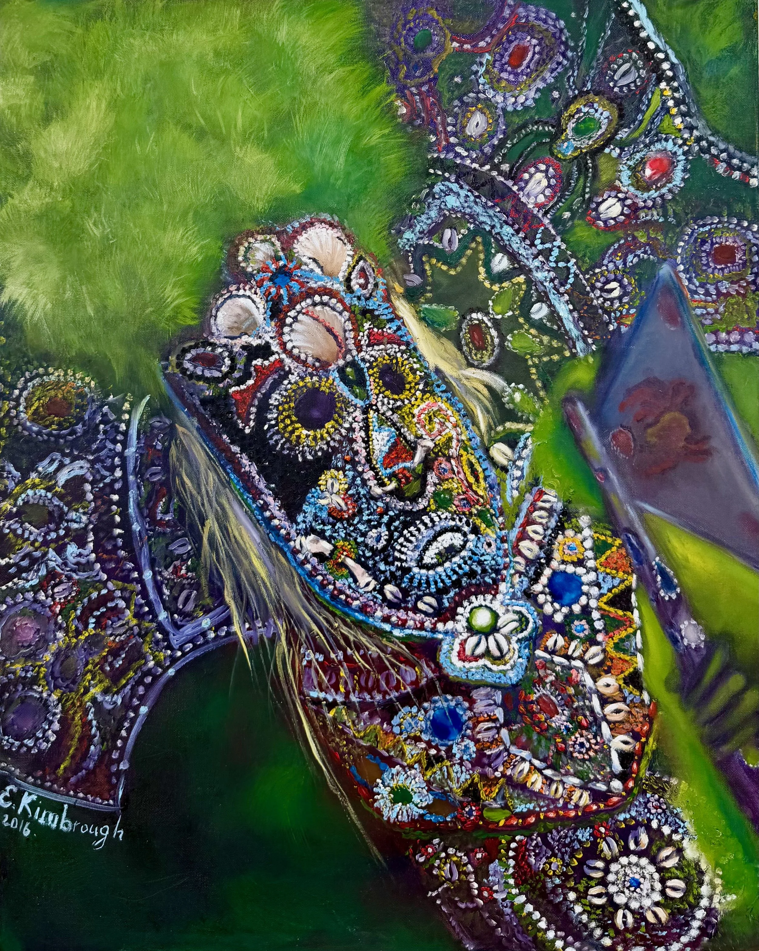 Colorful painting of a butterfly with intricate bead-like patterns in vibrant colors on its wings, against a background of green grass.