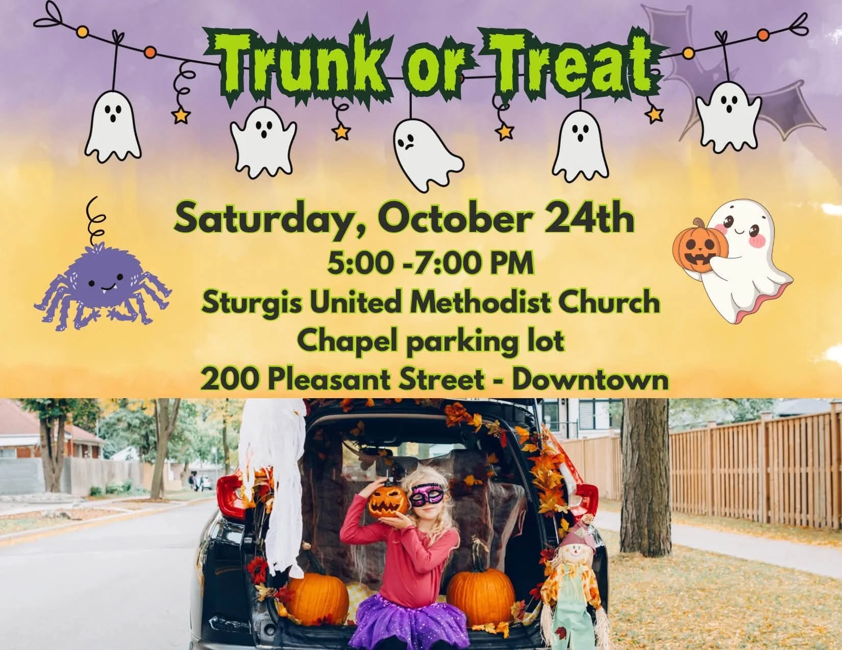 🎃 Trunk or Treat is happening this Saturday! 🍬

Looking for some Halloween fun for the kids? Join us for Trunk or Treat on Saturday, October 24th, from 5:00pm&ndash;7:00pm!

St. John's is teaming up with our friends at the Sturgis United Methodist 