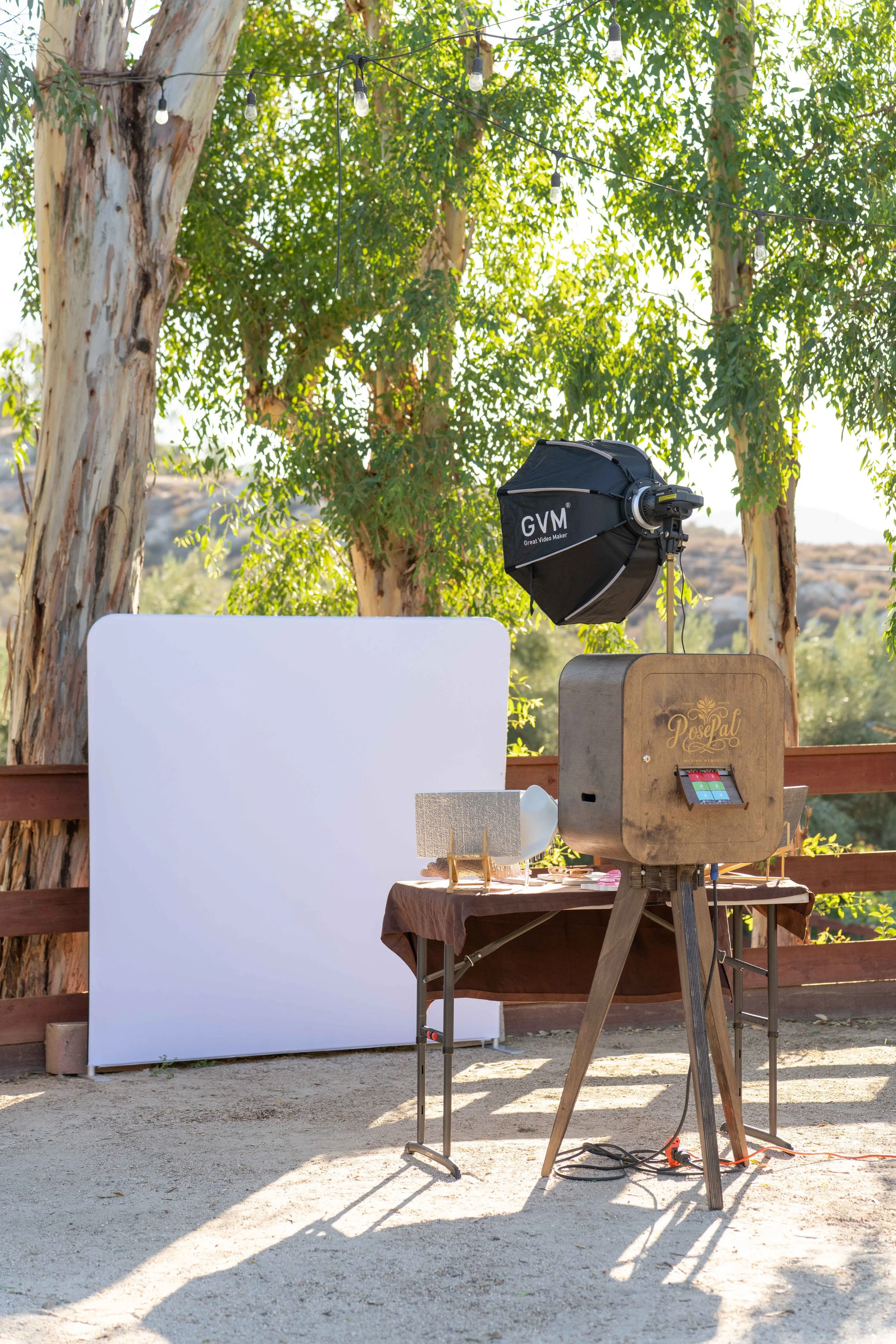 Photography setup outdoors with a white backdrop, studio light, and equipment on a table, surrounded by trees and string lights.