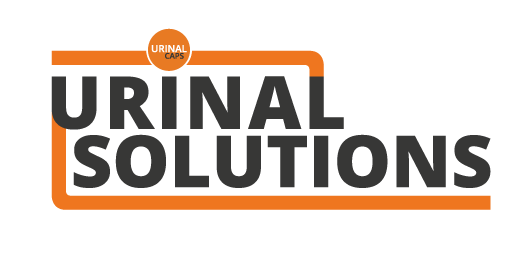 Logo for Urinal Solutions featuring the company name in bold black letters with an orange underline and a small orange circle with the words 'Urinal Caps' inside.