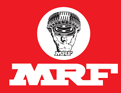 Logo with a metallic skull wearing a helmet, above the bold letters 'MRF' on a red background.