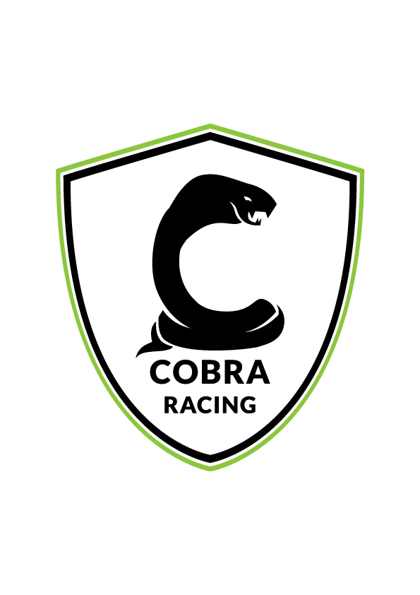 A shield-shaped logo with a black cobra snake in the center, facing left, with the words "COBRA RACING" below it, on a white background and a green outline.