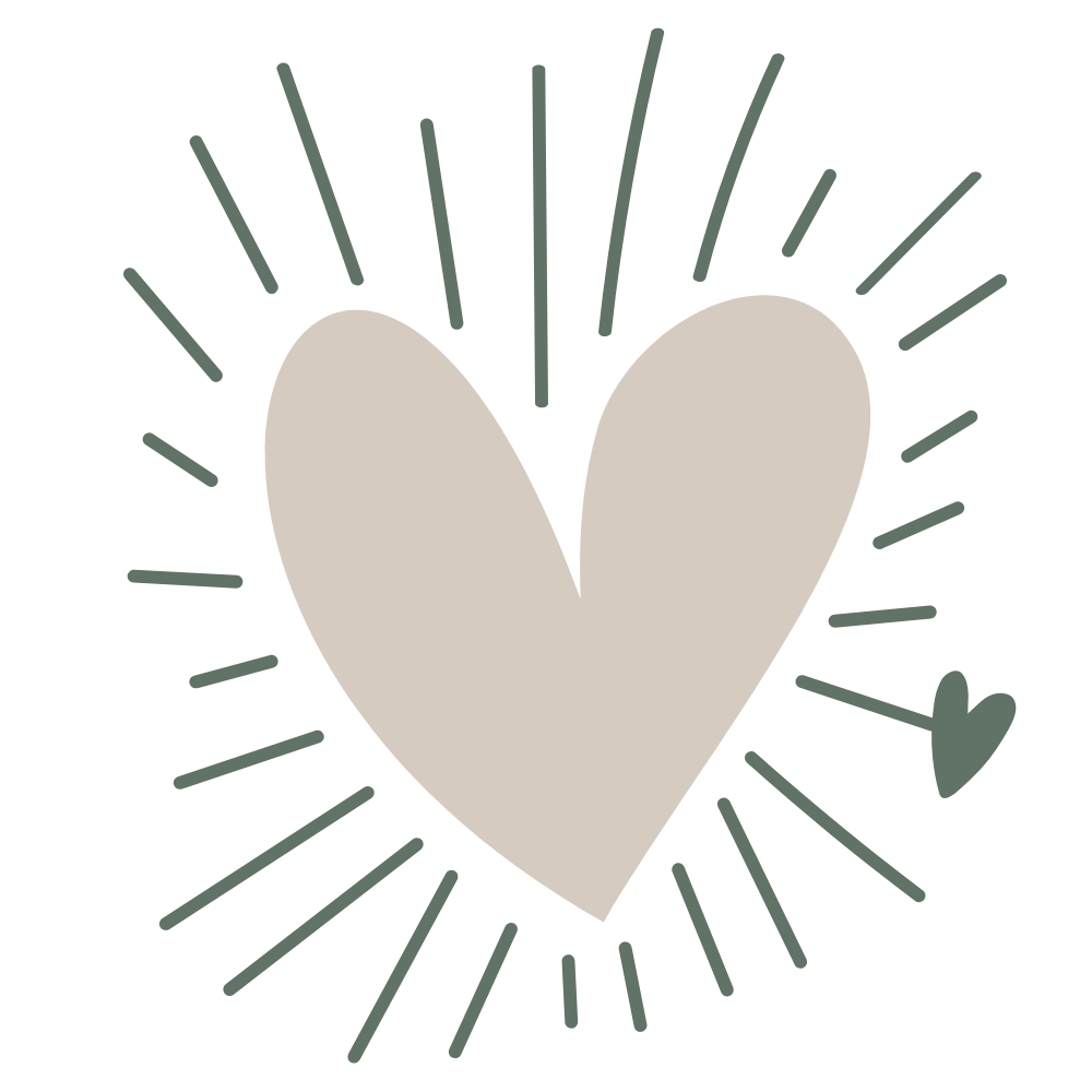 A beige heart with radiating lines and a small green heart attached on the bottom right side.