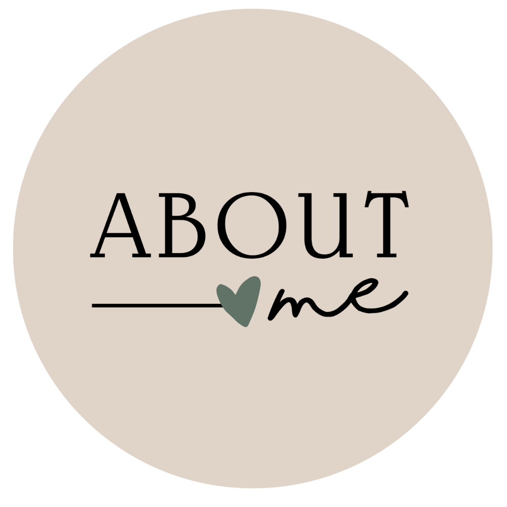 A beige circular button with the words 'ABOUT me' and a small heart between the words, with a clean and simple design.