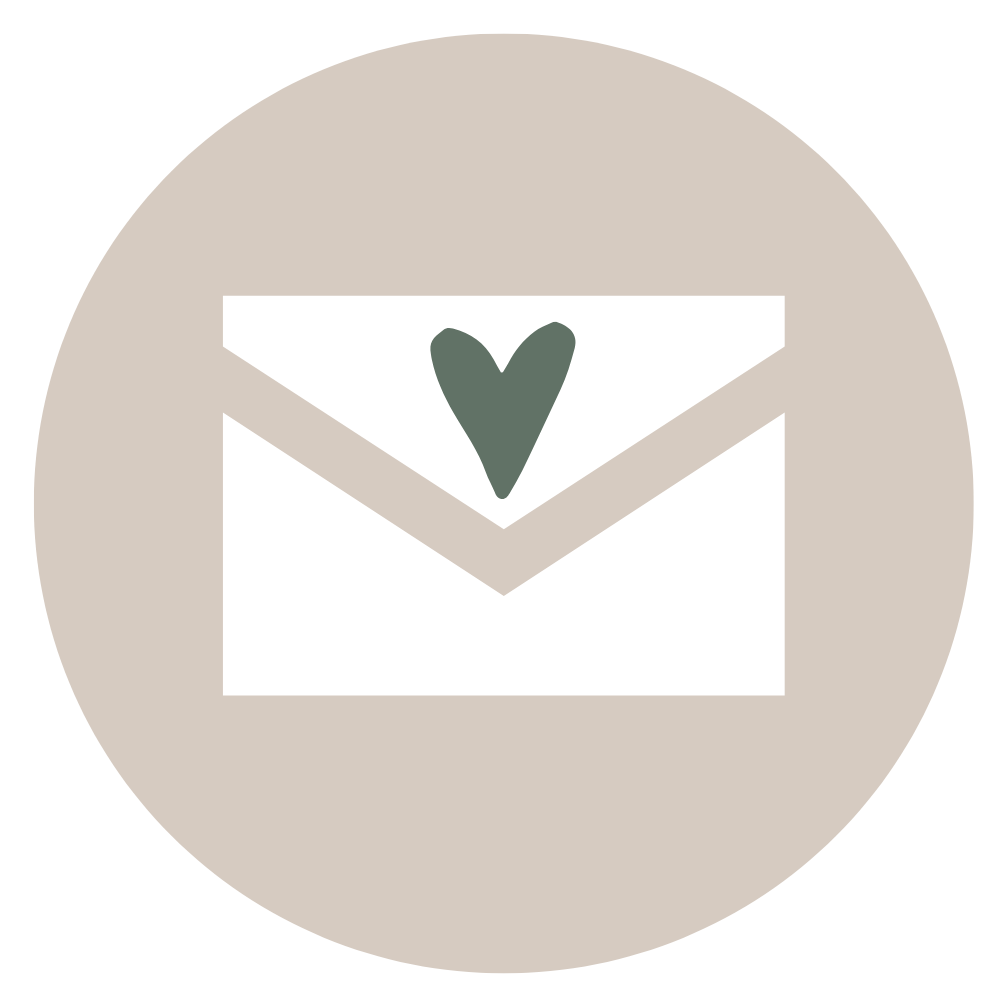 A graphic illustration of an envelope with a heart on it centered inside a circular beige background.