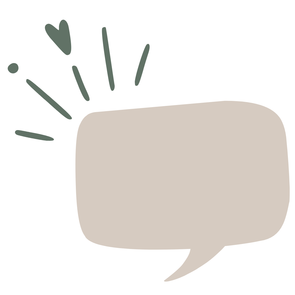 A light gray speech bubble with green lines and a small heart above and lines radiating outward. Conversation.