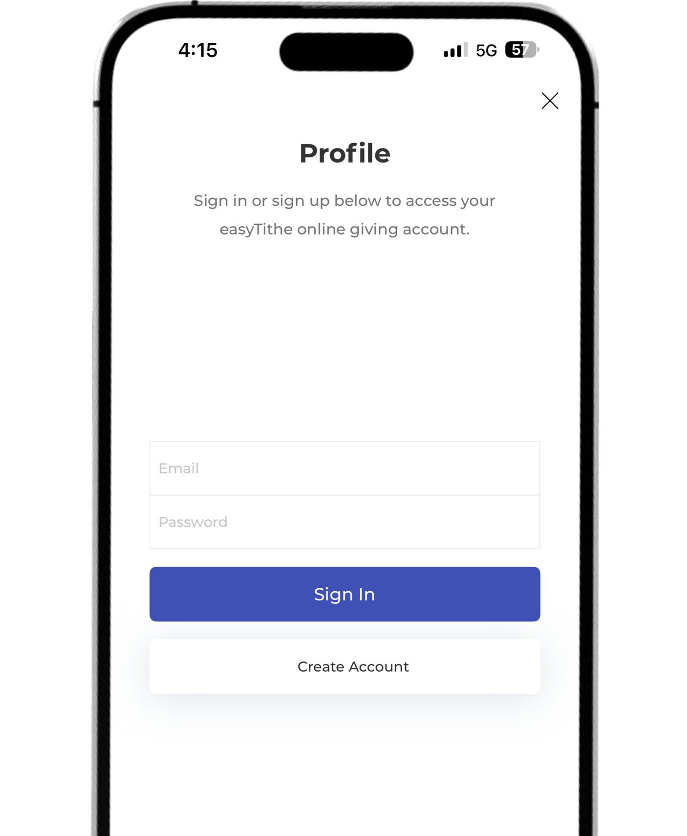 Mobile app screen displaying a login interface with a sign-in form for an account, including 'Email' and 'Password' fields, a blue 'Sign In' button, and a white 'Create Account' button.