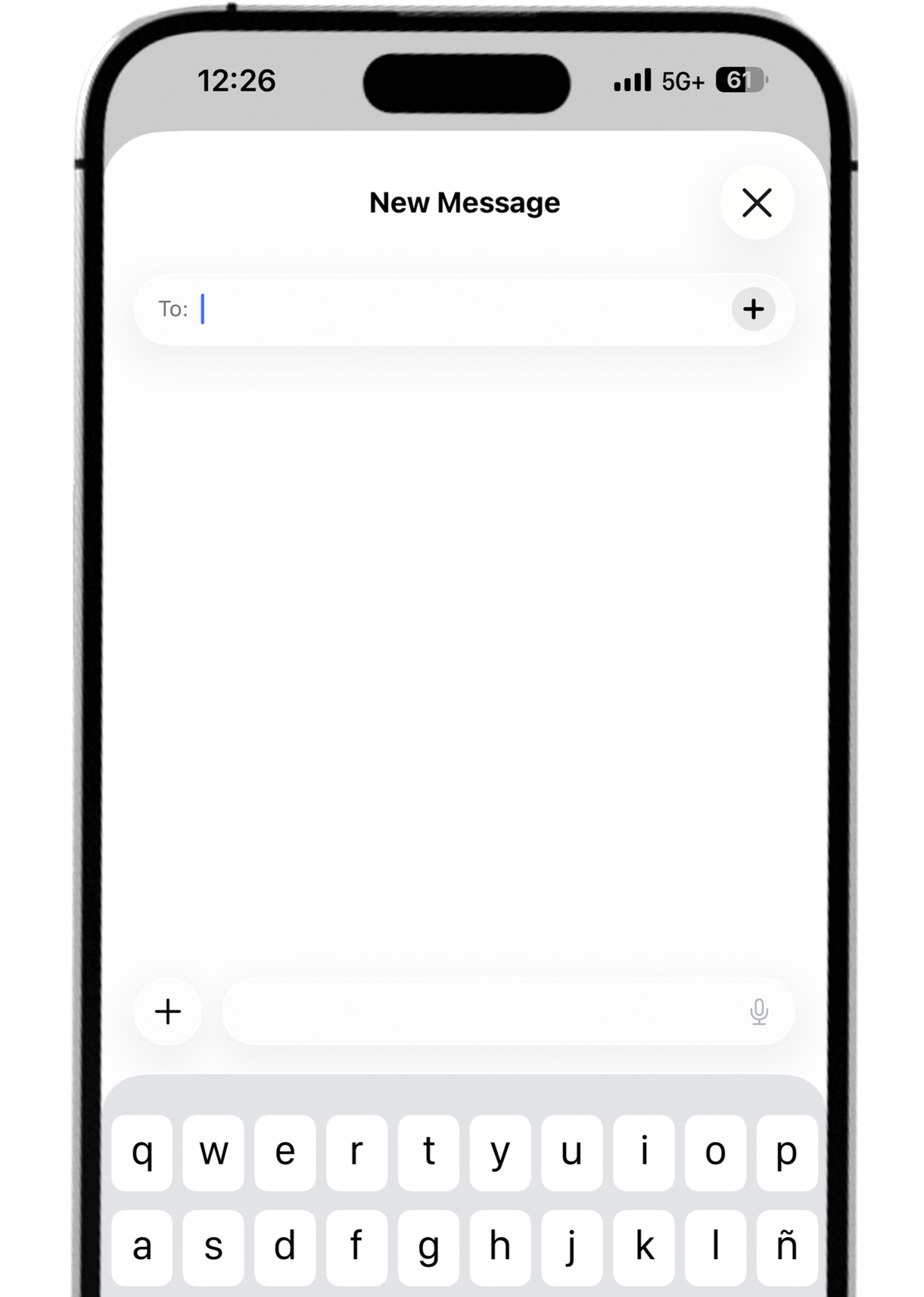Smartphone screen displaying a new message composition window with a white background, a text input field labeled 'To:', a keyboard with gray keys, and status indicators including 12:26 time, 5G connection, Wi-Fi signal, and battery level.