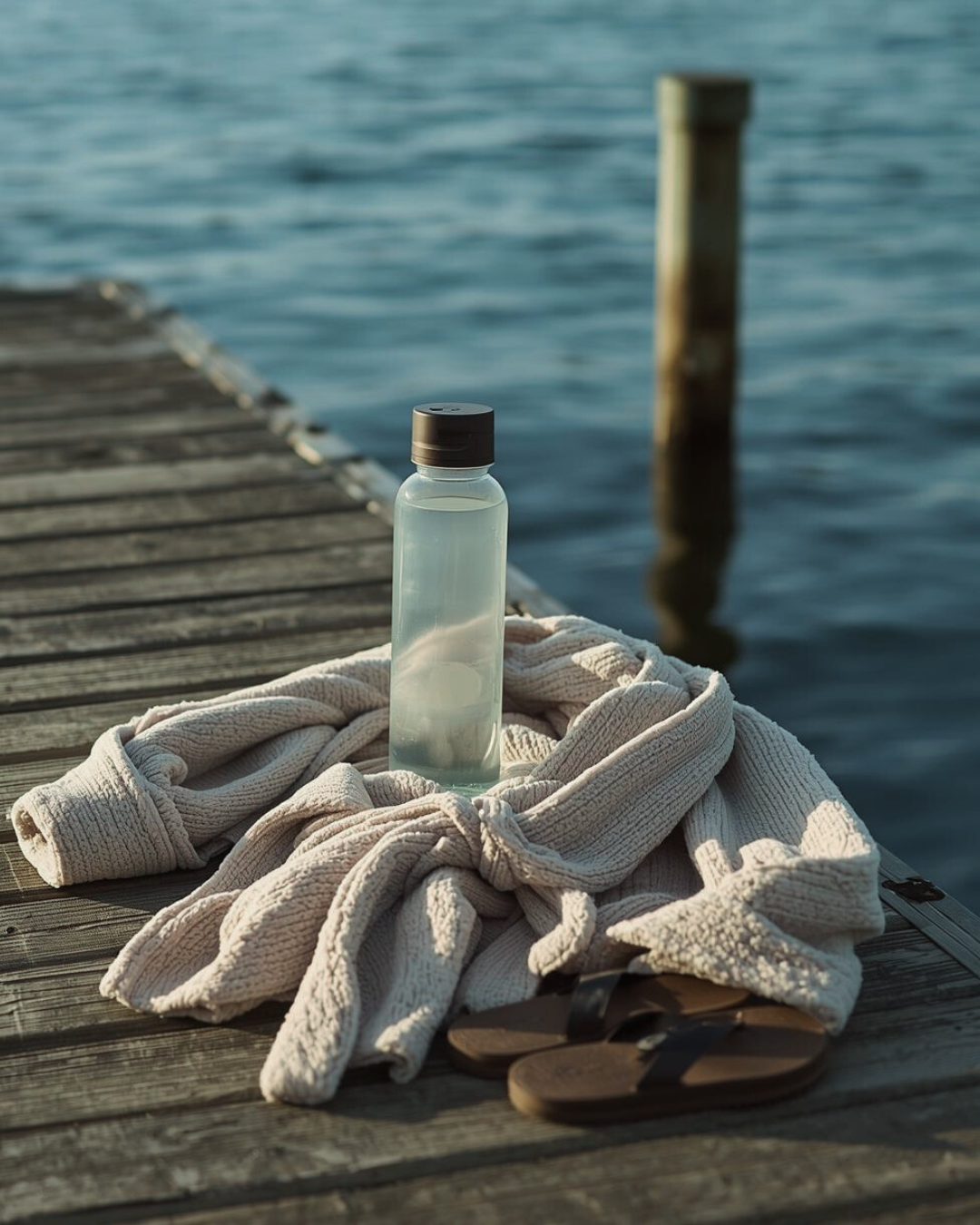 A water bottle, a towel, and a pair of sandals placed on a wooden dock by the water.