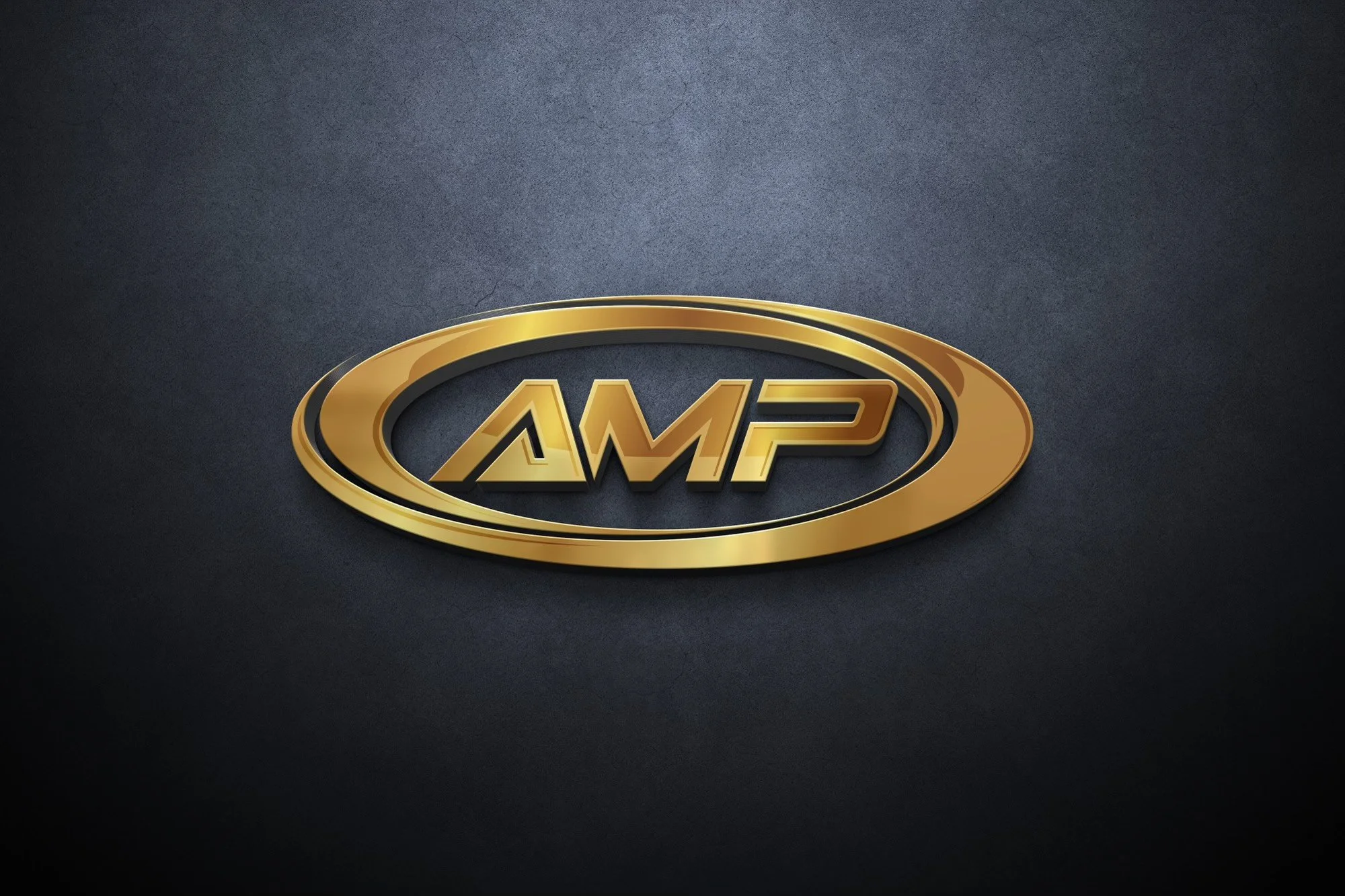 Golden 3D logo with the letters 'AMP' inside an elliptical ring on a dark textured background.