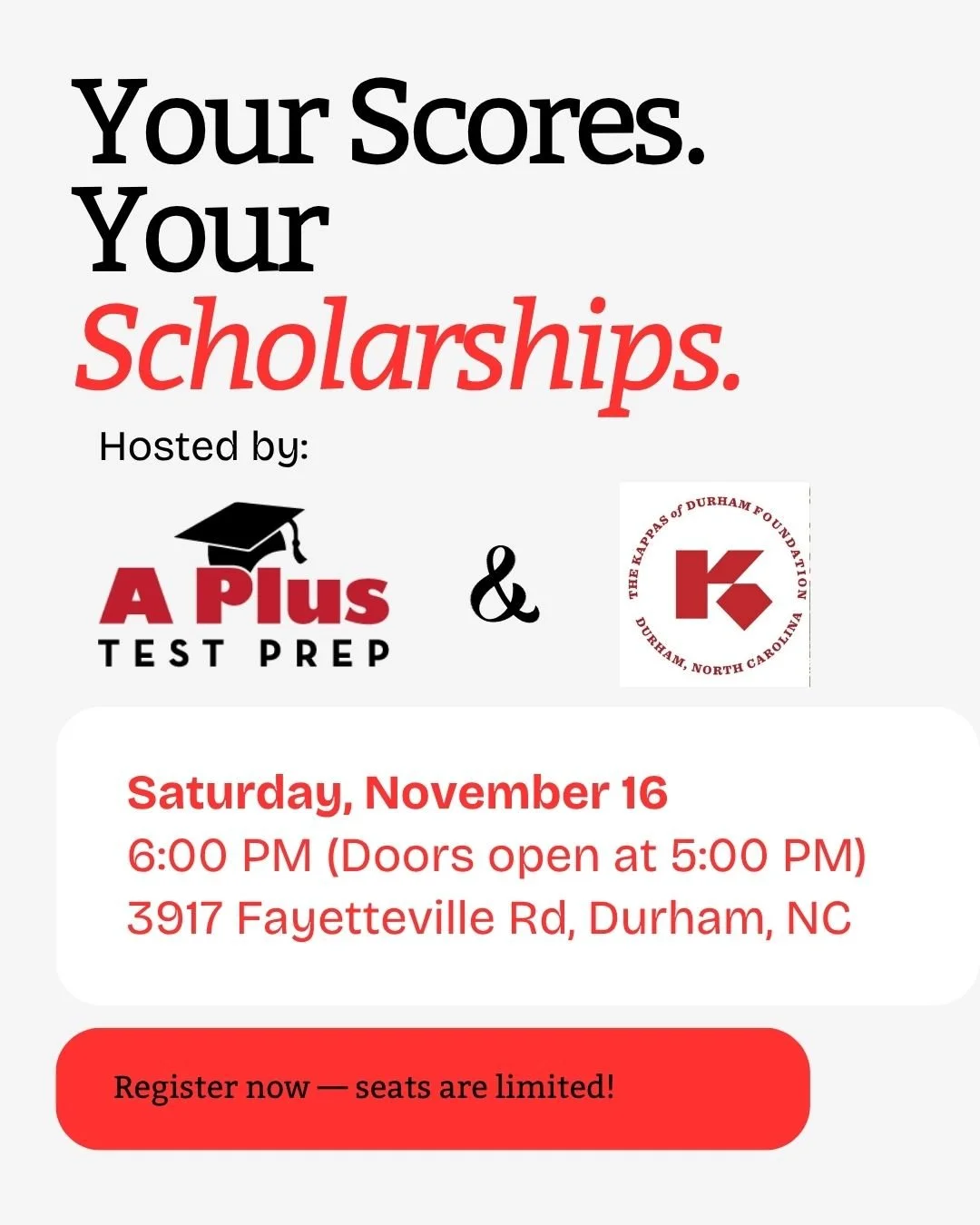🎓 Durham, you&rsquo;re invited!
Join APlus Test Prep and the Kappas of Durham Foundation Inc. for a free community workshop designed to help families unlock scholarship opportunities through strong SAT &amp; ACT performance.

📘 What You&rsquo;ll Le