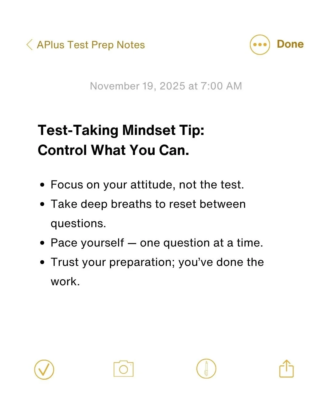 🧘🏽&zwj;♀️ Mindset over panic. Focus over fear.
When test day comes, remember: the only thing you truly control is you.
✨ Your attitude
✨ Your breathing
✨ Your pacing
✨ Your effort

You can&rsquo;t control every question &mdash; but you can control 