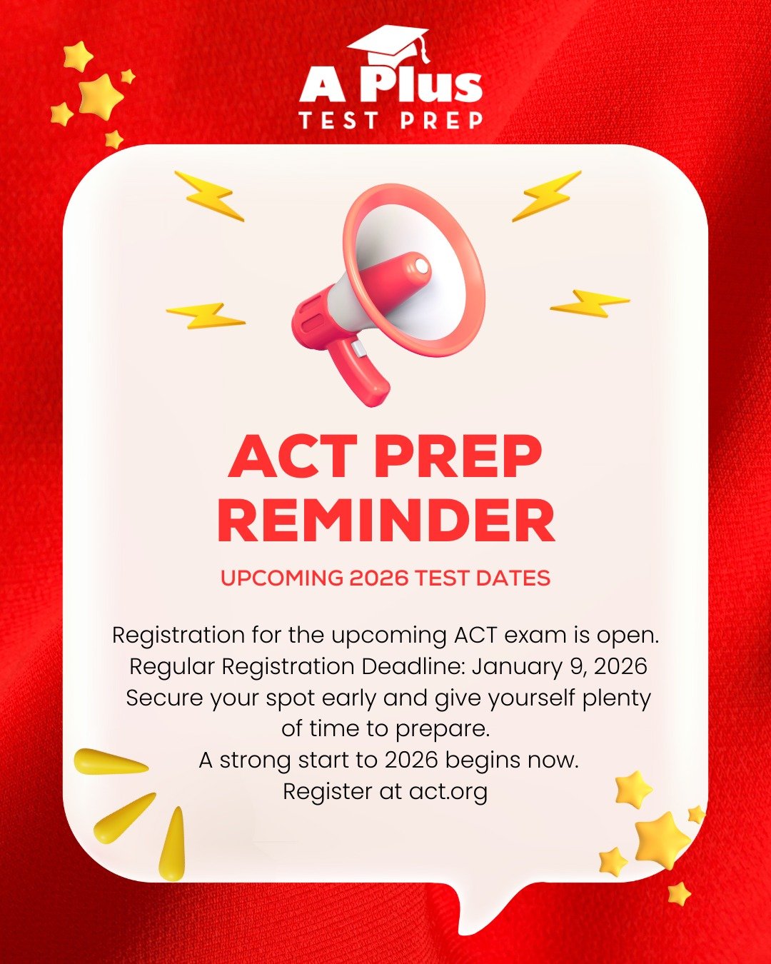 The next ACT is coming up, and the regular registration deadline is January 9, 2026.
Register early to secure your testing location and begin preparing with enough time to build confidence and improve your score.
A strong start to 2026 begins with st