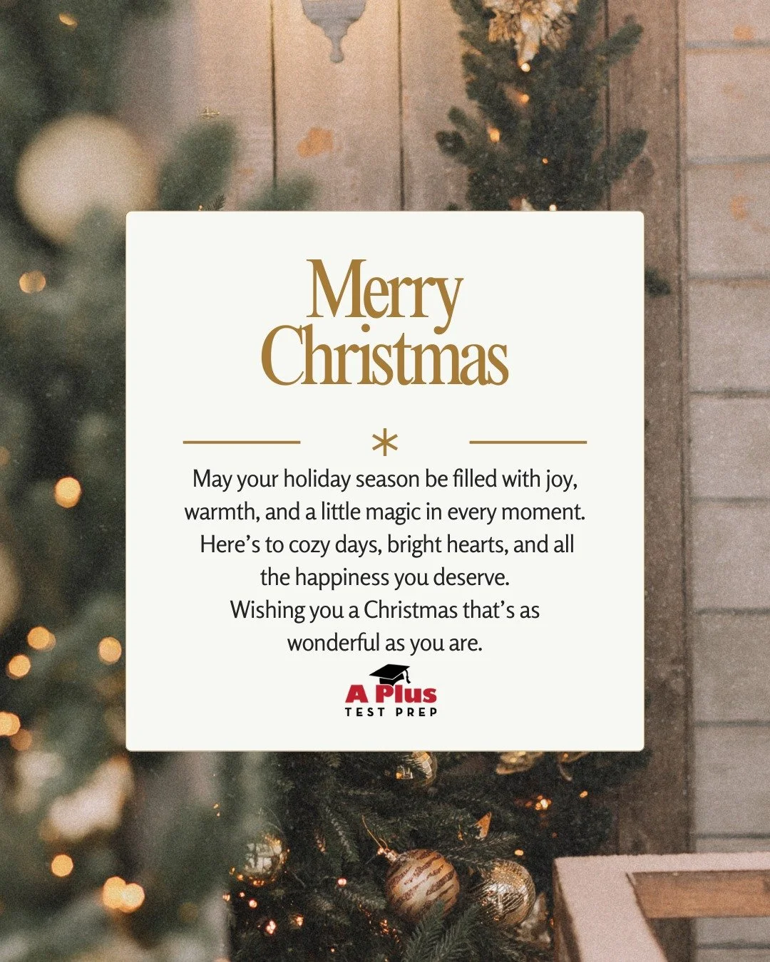 Merry Christmas from all of us at A+ Test Prep!
We hope your day is filled with peace, joy, and moments that make you smile.
Thank you for being part of our community &mdash; we look forward to supporting you in the year ahead.
Wishing you a beautifu