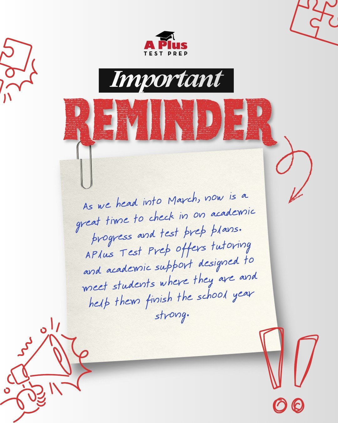As we head into March, now is a great time to check in on academic progress and test prep plans.
APlus Test Prep offers tutoring and academic support designed to meet students where they are and help them finish the school year strong.

✔ SAT &amp; A