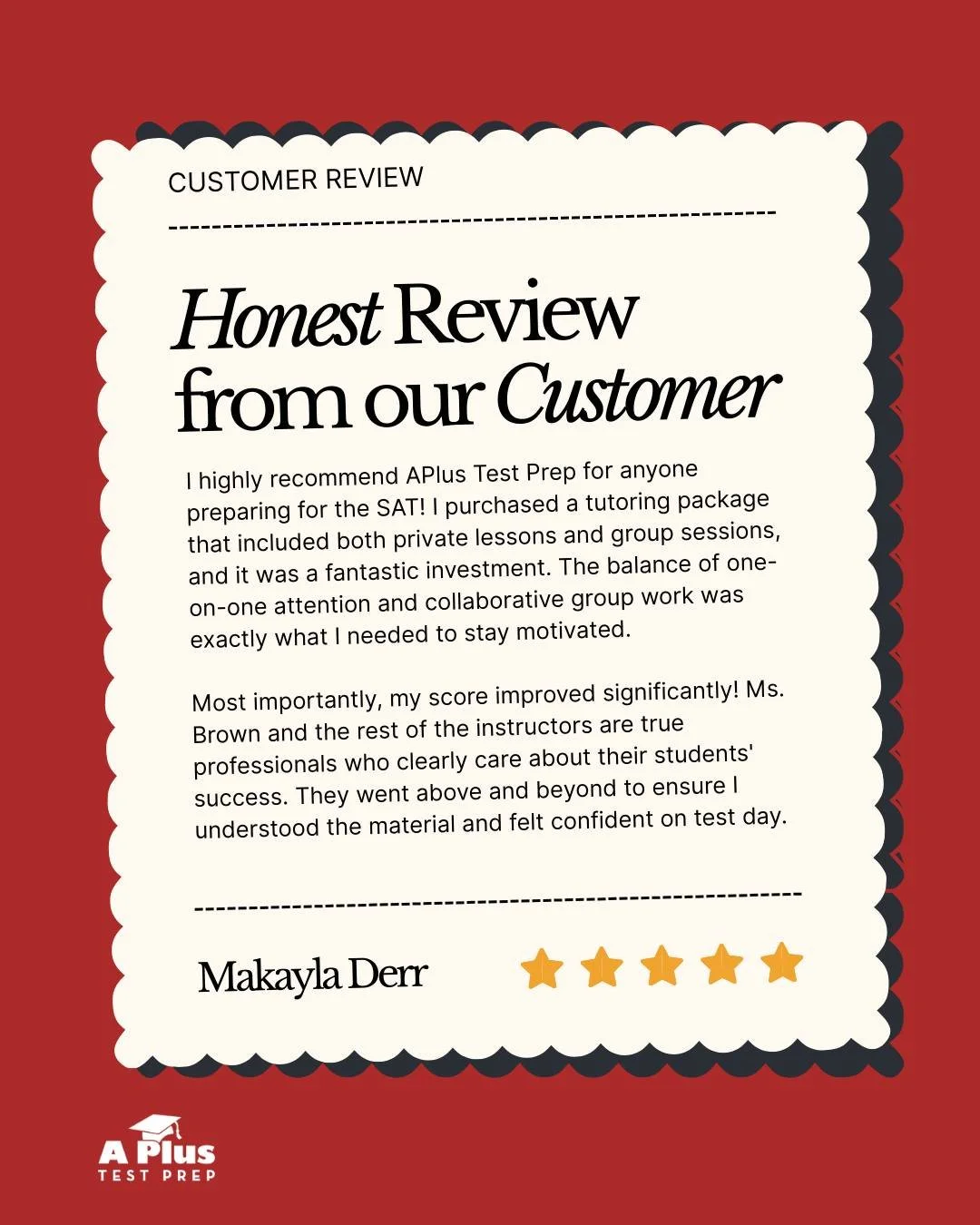 This review from Makayla stopped us in our tracks. 🖤⭐⭐⭐⭐⭐

"Ms. Brown and the rest of the instructors are true professionals who clearly care about their students' success."

That's exactly what we show up to do every single day.

At APlus