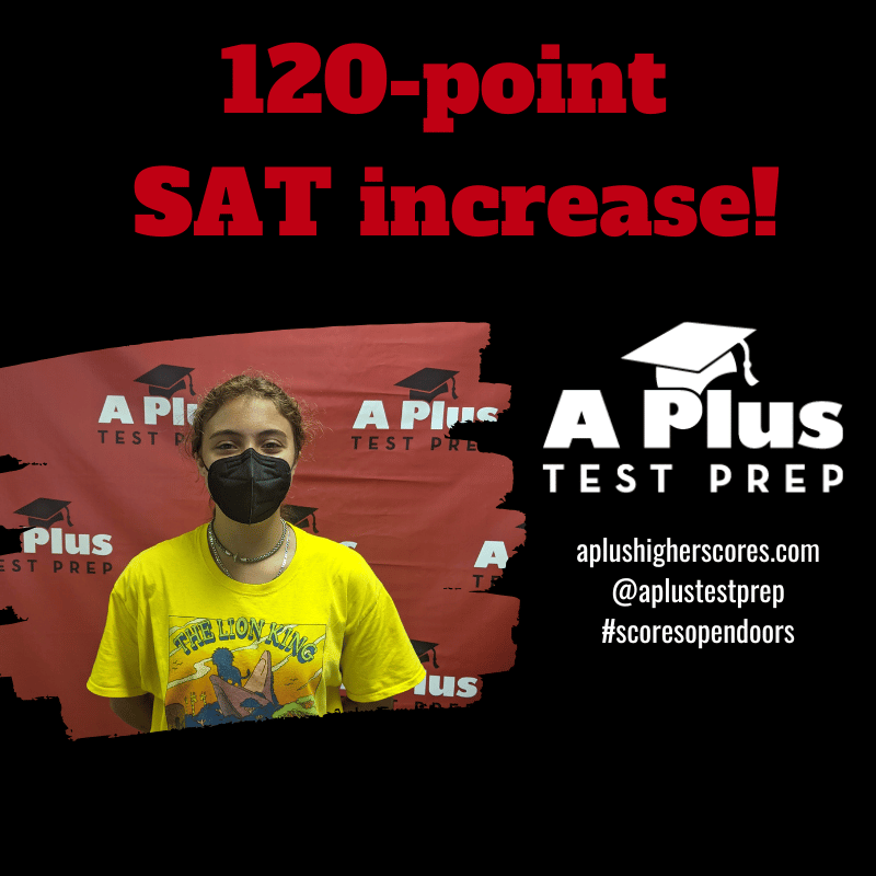 A young person wearing a yellow T-shirt and a face mask standing in front of a red backdrop with 'A Plus Test Prep' logos, along with text promoting a 120-point SAT increase.