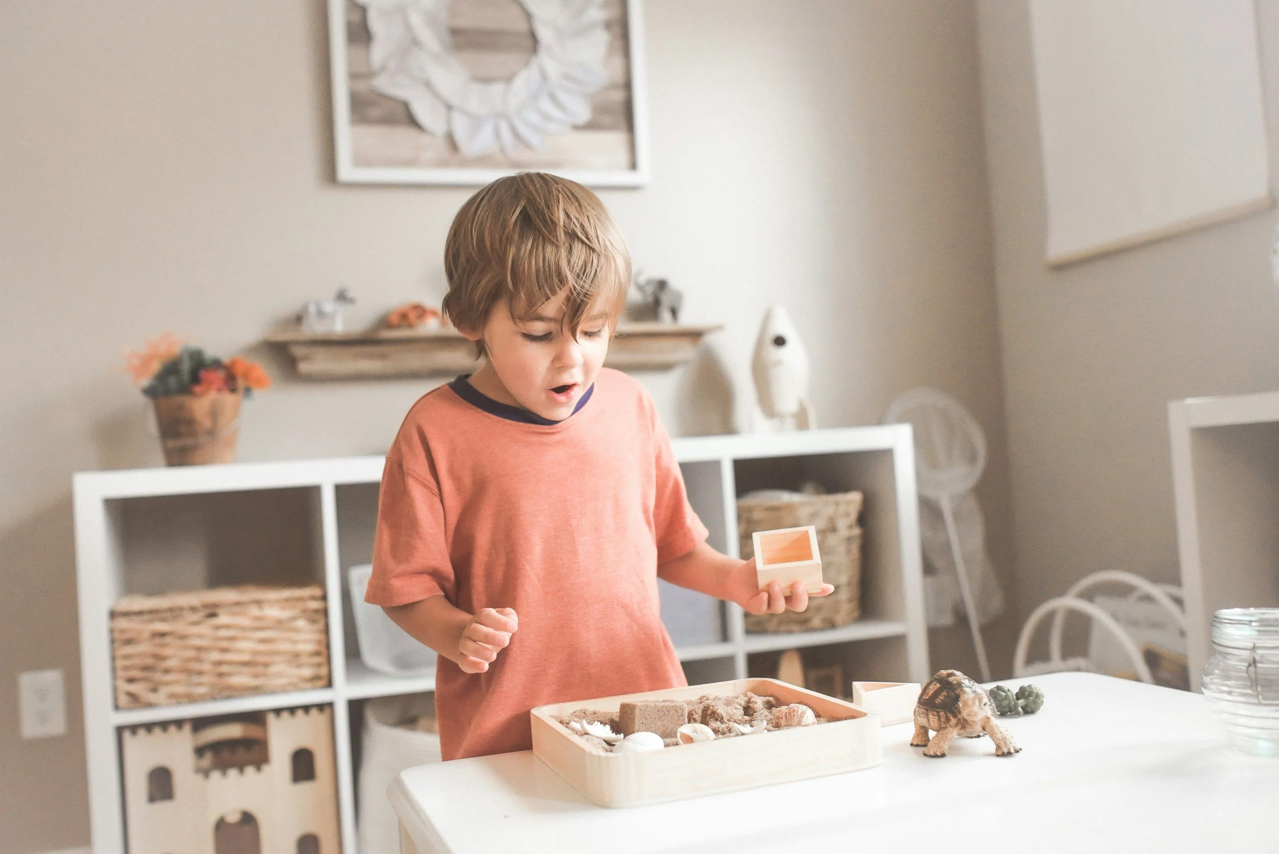Boy playing with toys in a playroom