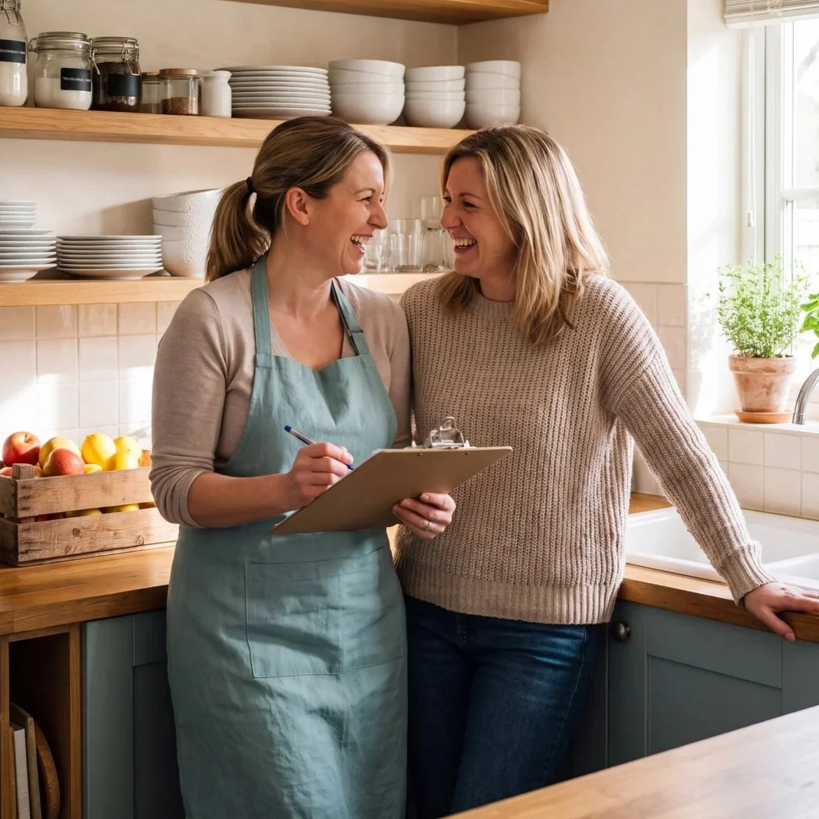 Professional organizer and client laughing together in a freshly organized Austin kitchen with labeled pantry jars
