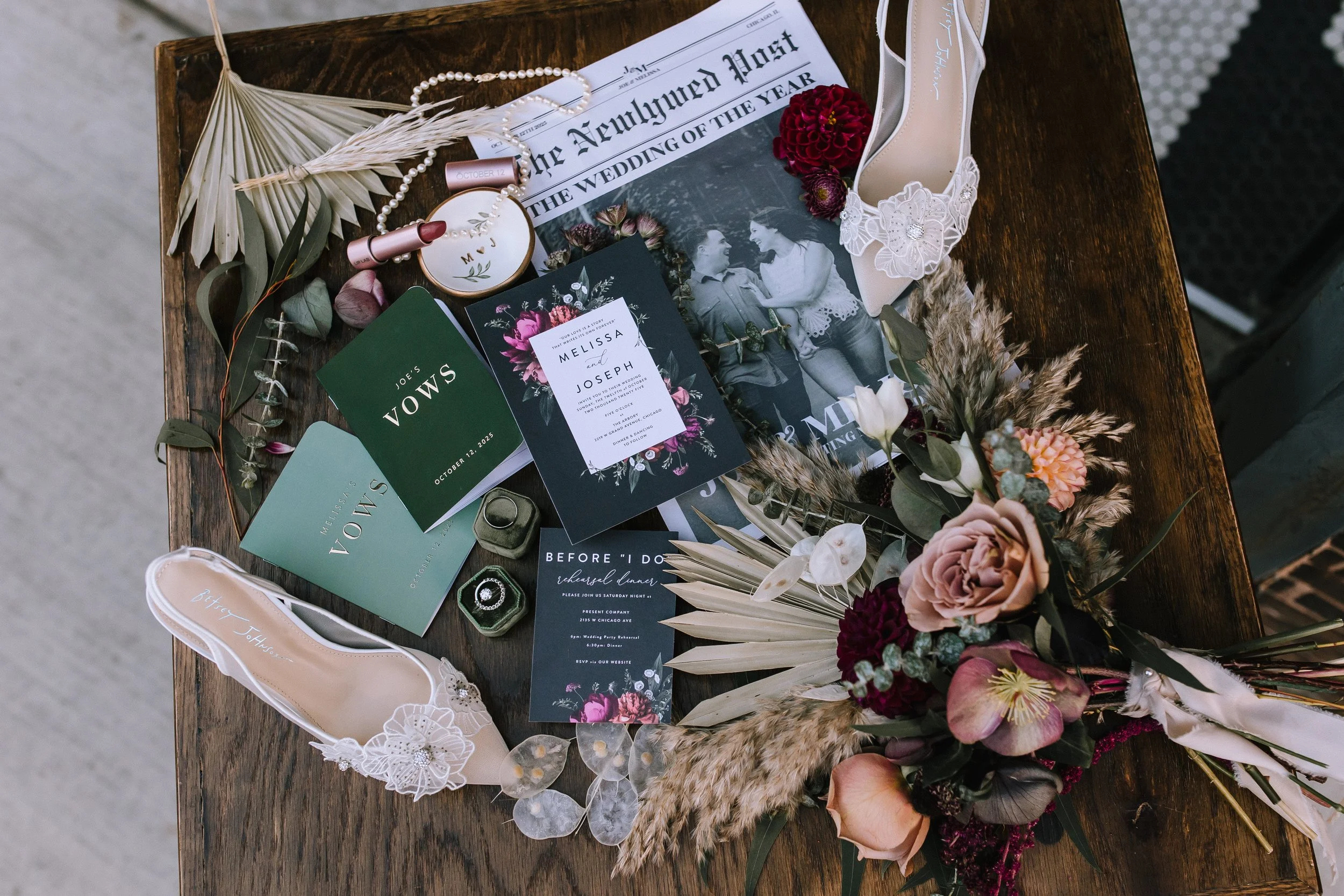 Wedding vows, invitation and bouquet