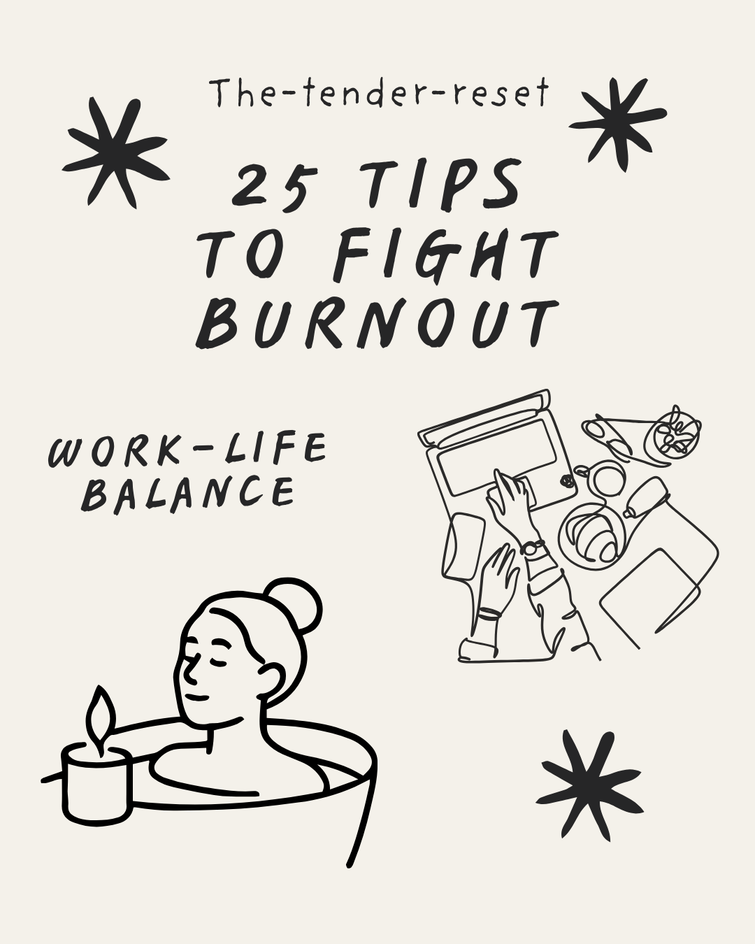 Cover image for a guide titled '25 Tips to Fight Burnout' with illustrations of a woman relaxing in a bath, a workspace with a person working at a desk, and decorative stars.