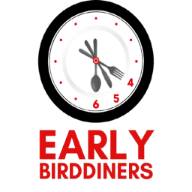 A clock with the hands pointing to 8:00, with the words 'Early Birddinners' in red beneath it.