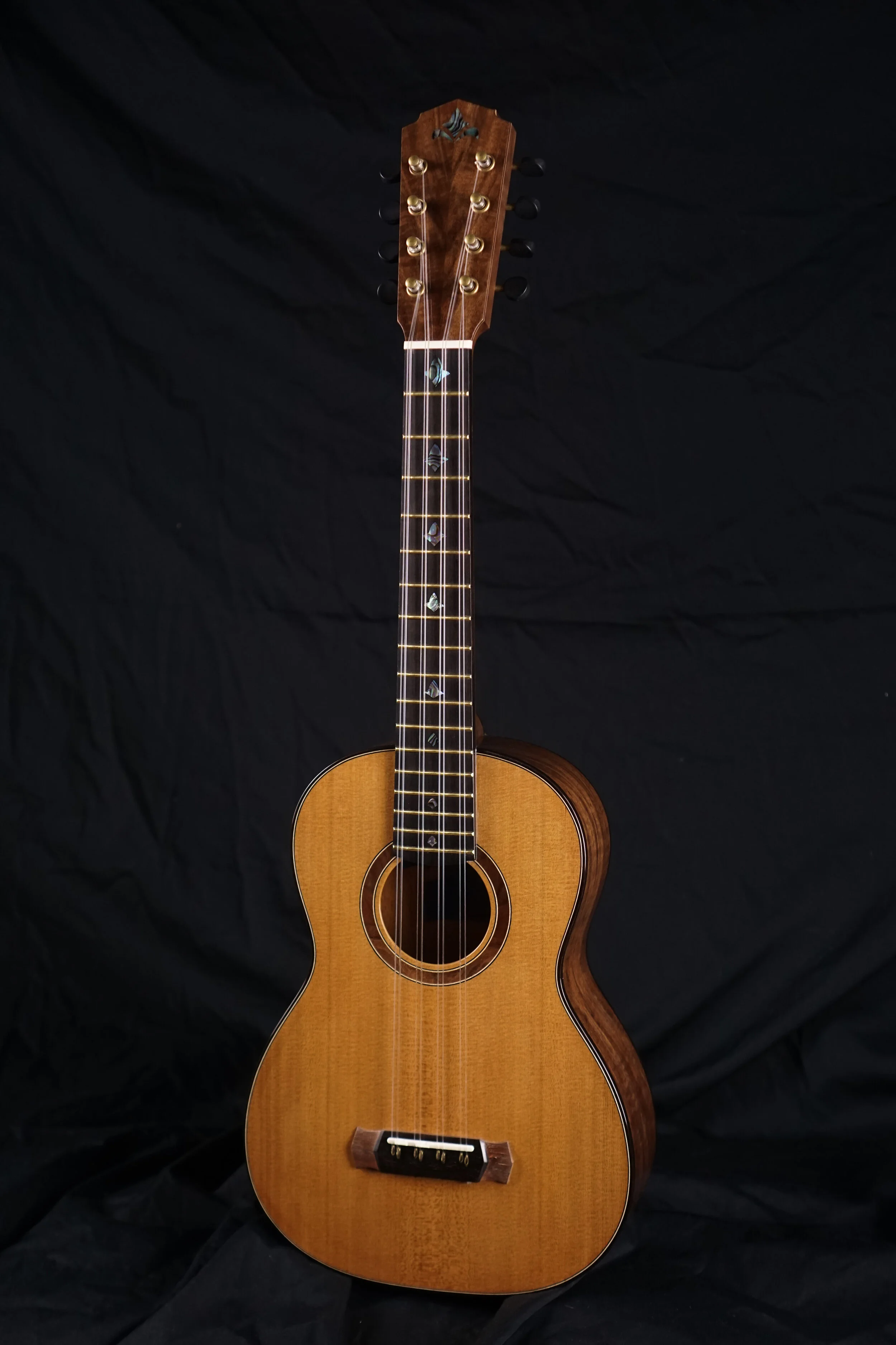 Eight String Ukulele on a black background.