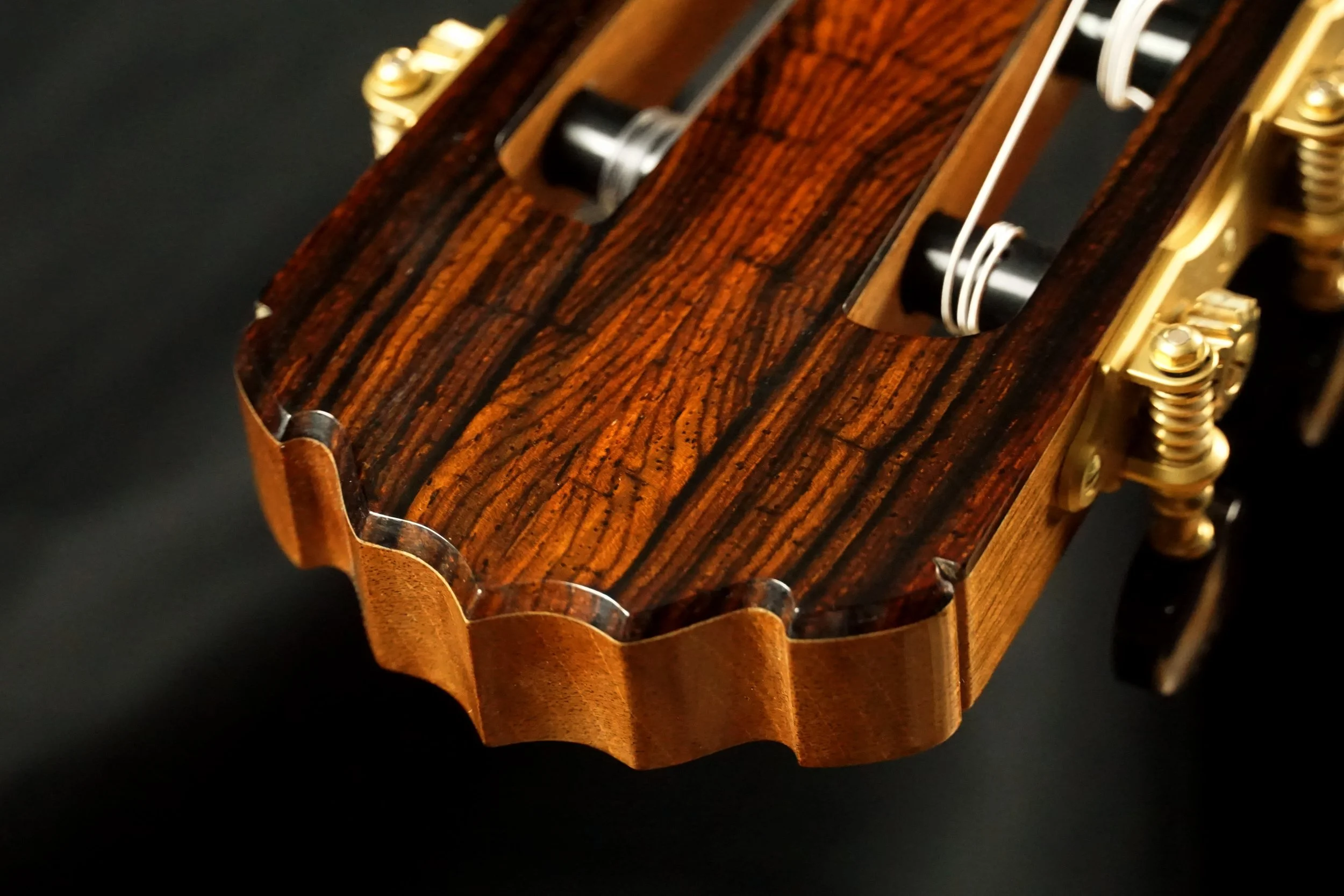 Close-up of a classical guitar headstock on black background.