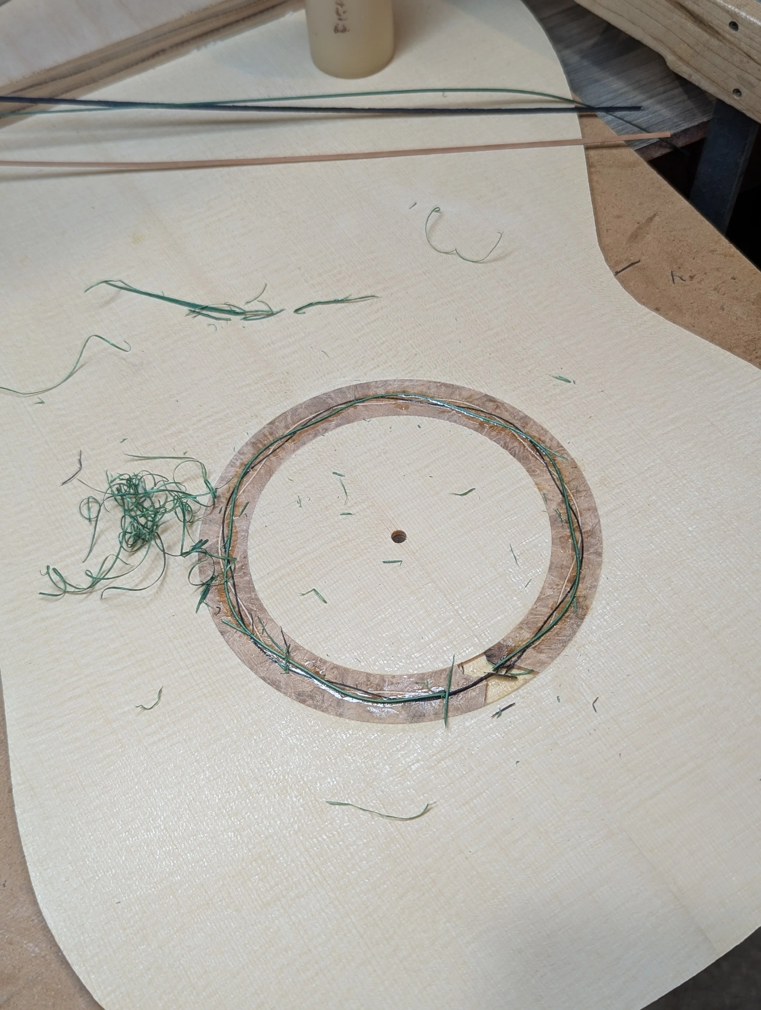 Burl inlay rosette process shot.