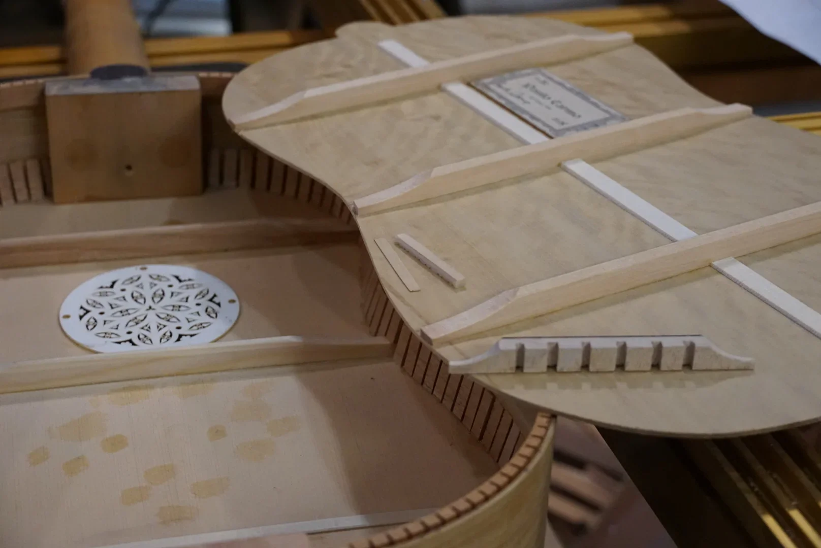 Classical Guitar with back off and view of inside of the body.