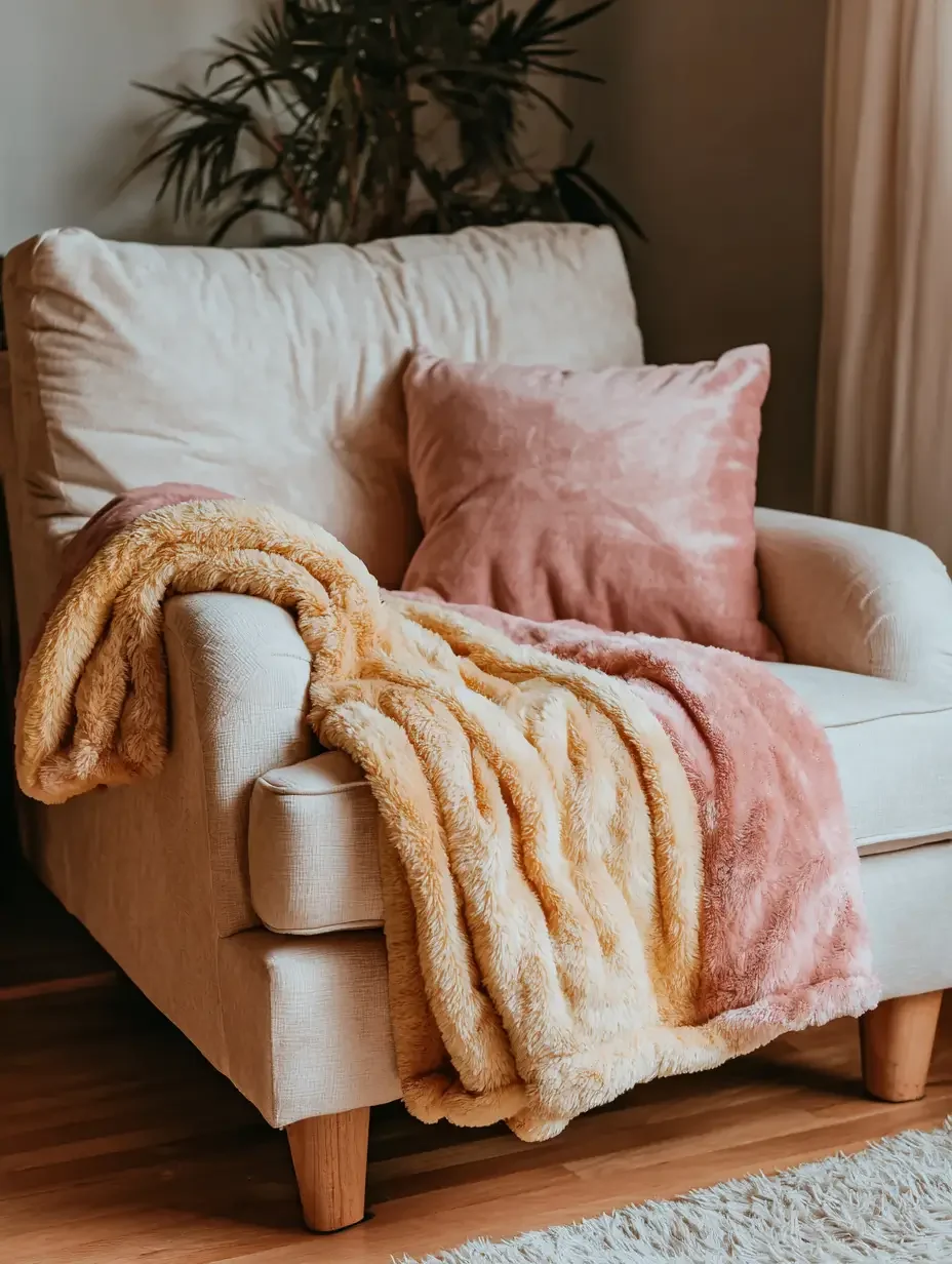 A beige armchair with pink pillows and a soft, furry yellow blanket draped over the armrest. In the background, there is a potted plant and curtains.