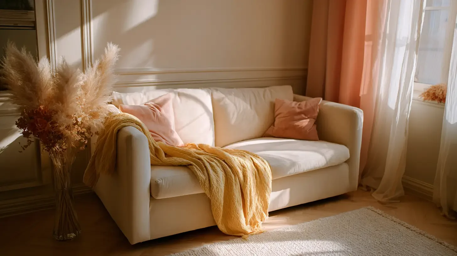 Sunlit cozy living room with a cream sofa, pink pillows, a yellow blanket, a glass vase with dried pampas grass, pink curtains, and sheer white drapes.