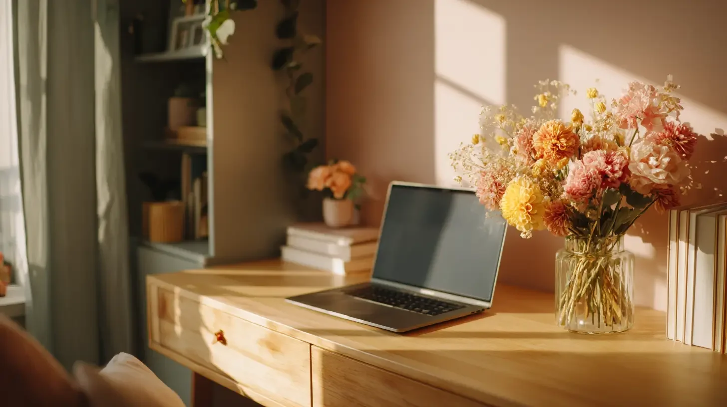 A wooden desk with a laptop and a glass vase of pink and yellow flowers, sunlight streaming through a window, and books and shelves in the background.
