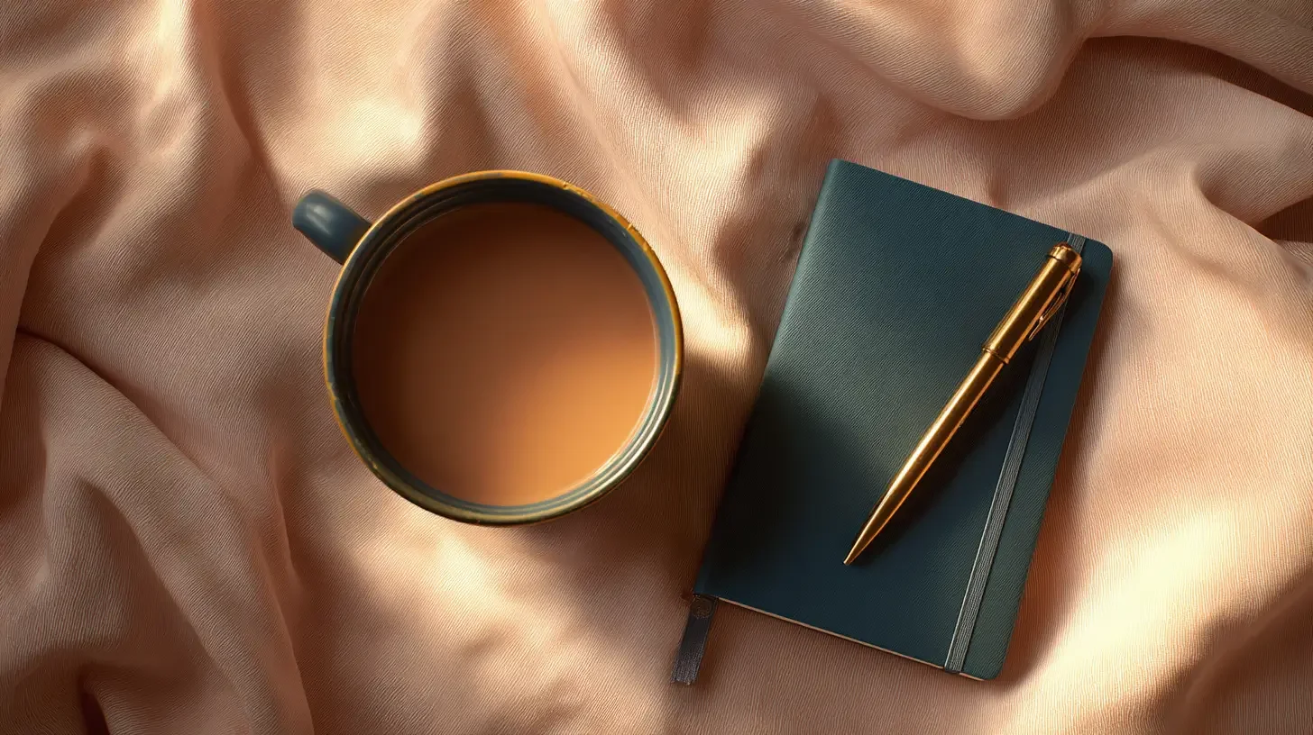 A top view of a coffee mug filled with coffee, a closed dark green notebook with a gold pen resting on top, placed on a silky peach-colored fabric surface.