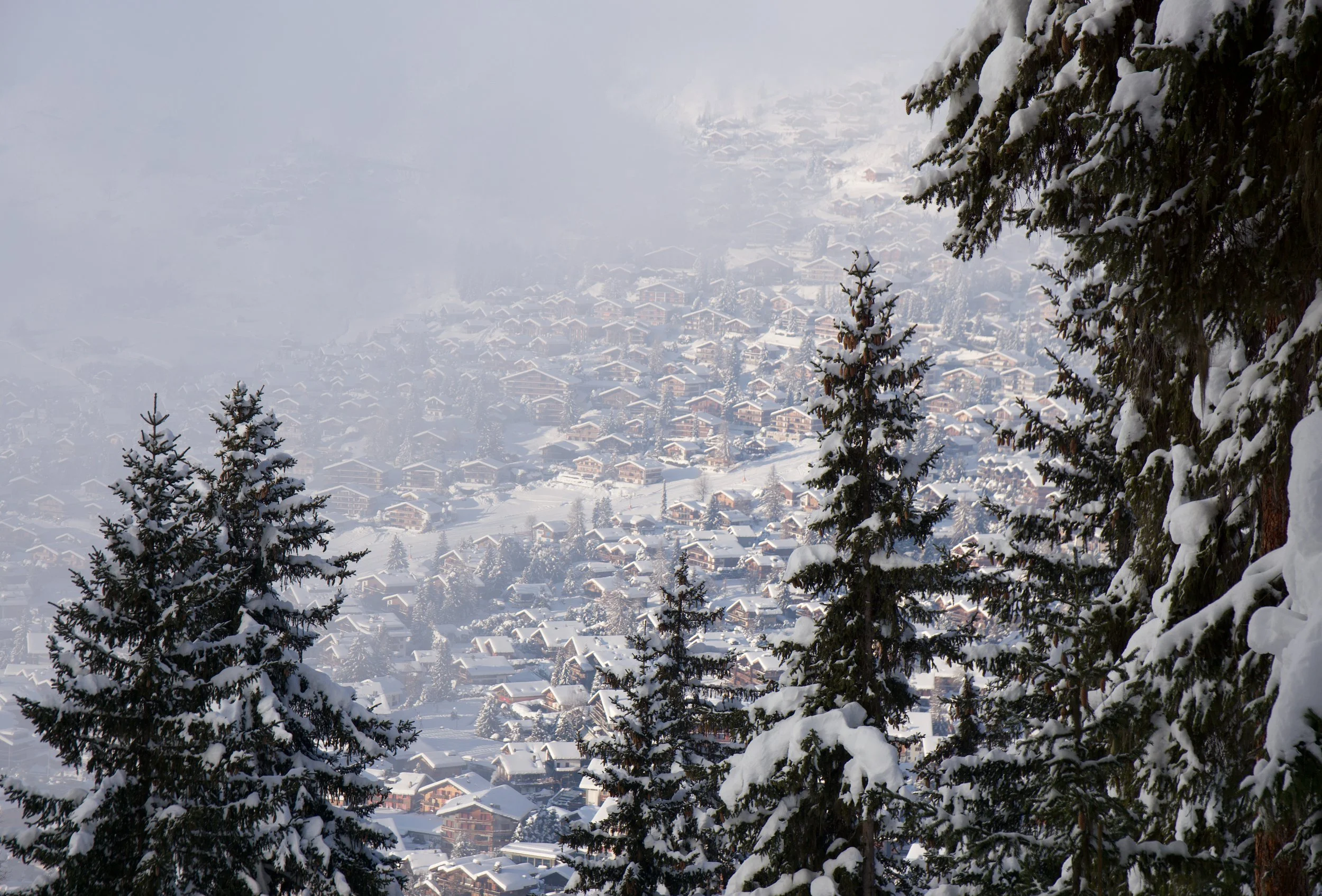 Paysage de montagnes enneigées avec des sapins couverts de neige et un village sous la neige dans la vallée.