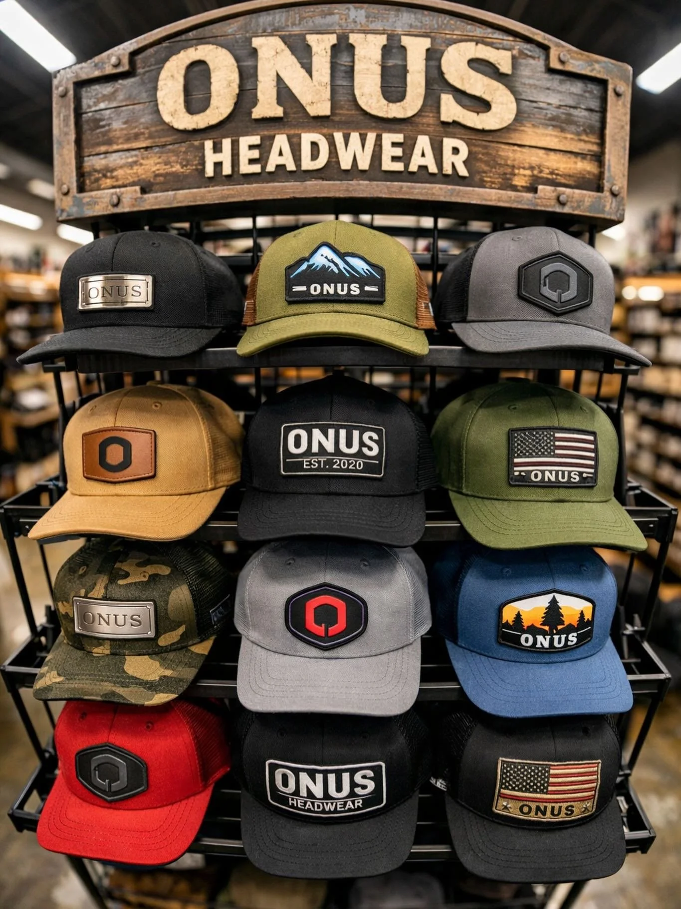 A display of various ONUS Headwear baseball caps on a rack in a store. The caps feature different colors, patches, and designs, including logos, mountain images, American flags, camouflage patterns, and plain styles.