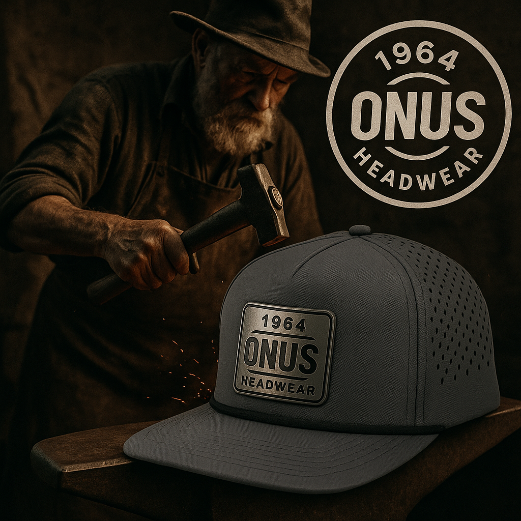 An older man with a beard, wearing a hat and gloves, hammers a metal badge onto a gray cap that has a large ONUS HEADWEAR logo. The background features a logo with the same branding and the year 1964.