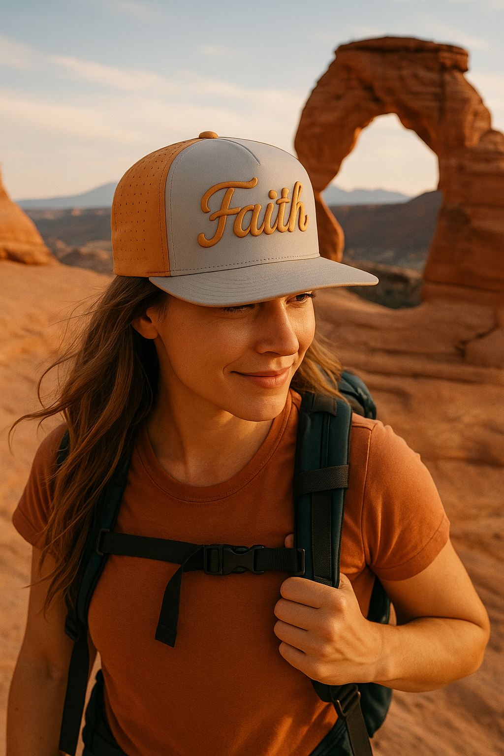 Woman with a backpack, wearing an orange T-shirt and a cap that says 'Faith,' hiking in a desert landscape with the Delicate Arch in Arches National Park in the background during sunset.