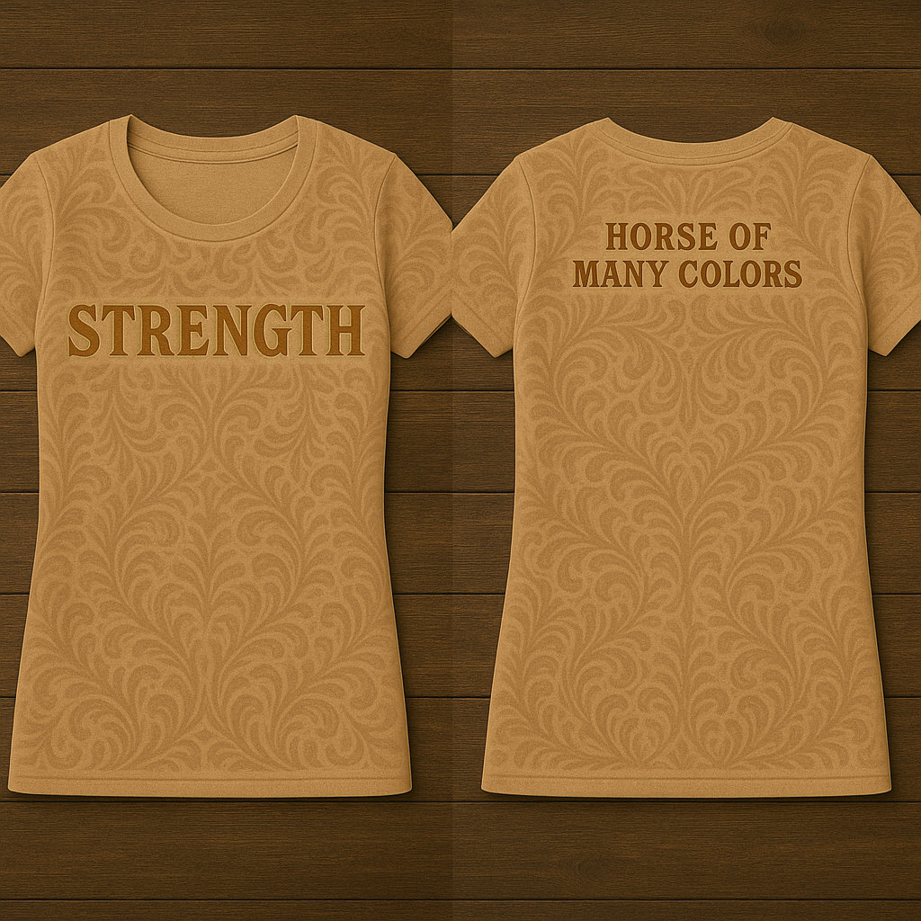 Two tan T-shirts with a subtle swirl pattern, one displaying the word 'STRENGTH' on the front and the other saying 'HORSE OF MANY COLORS' on the back, laid flat on a wooden surface.