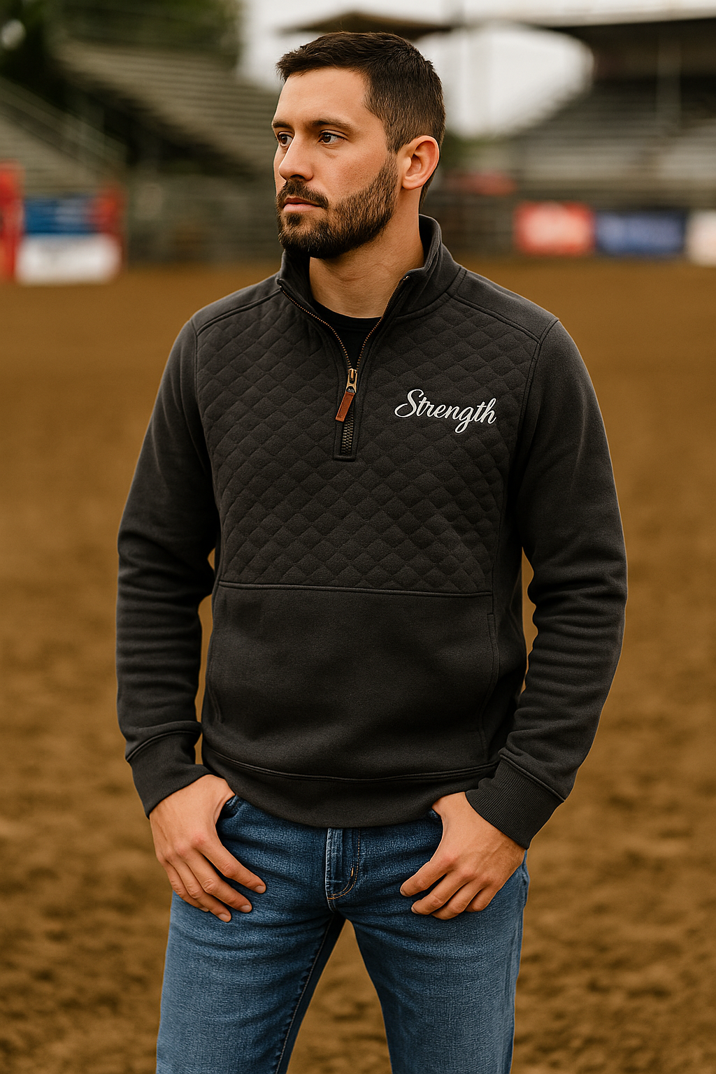 A man with short brown hair and a beard stands outdoors on a dirt field, wearing a black quilted sweatshirt with the word 'Strength' embroidered on it, and blue jeans, with his hands in his pockets.