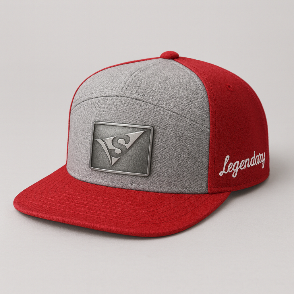 Gray and red snapback cap with a superhero emblem on the front and the word 'Legendary' on the side.