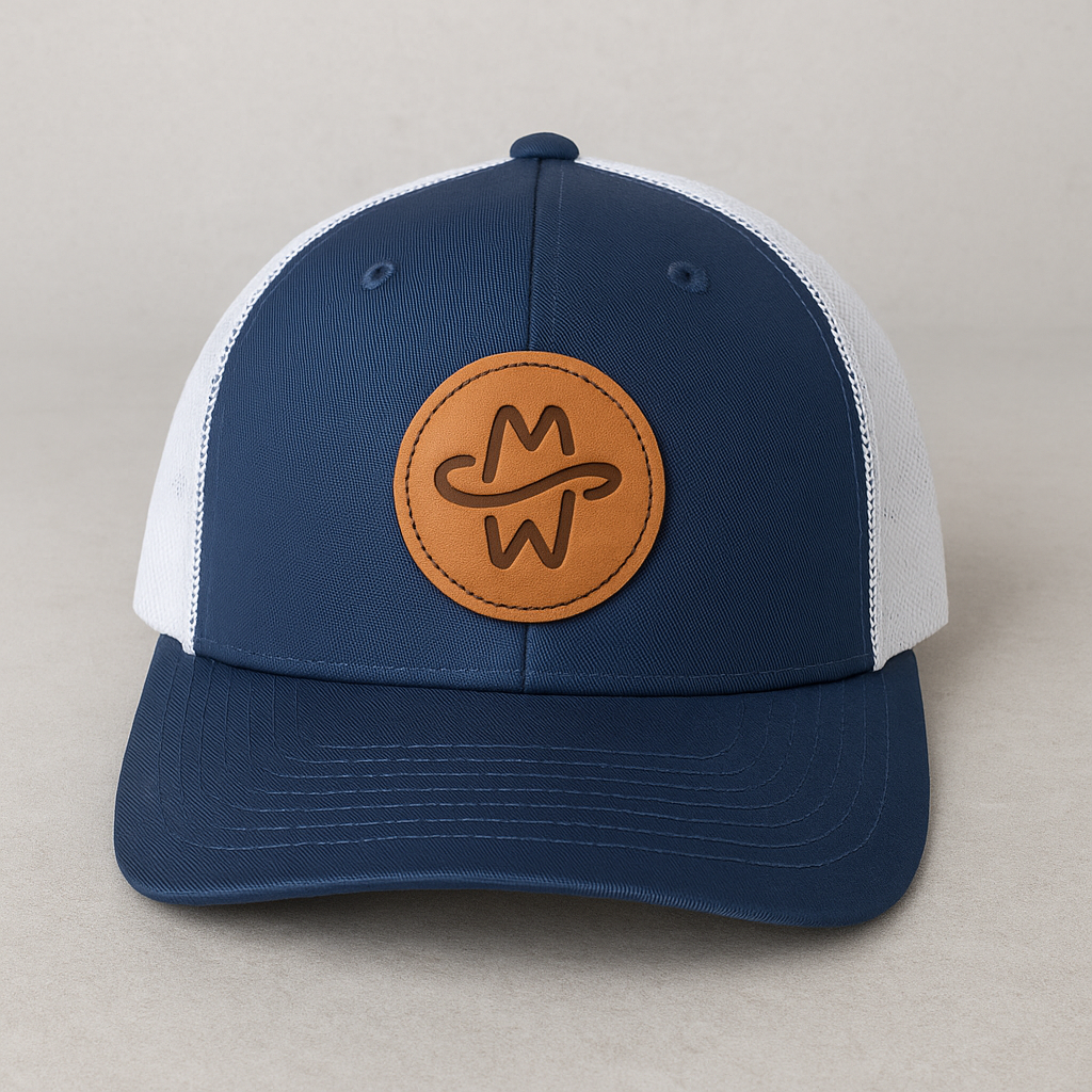 A navy blue and white trucker cap with a circular brown patch featuring stylized 'M' and 'W' letters and a wavy line in the middle.