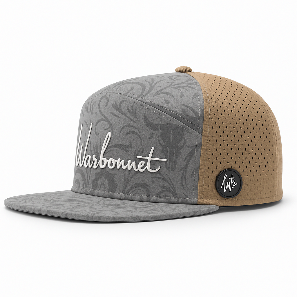 A stylish gray and tan cap with decorative patterns, the word 'Marbonet' embroidered on the front, and a circular patch on the side.