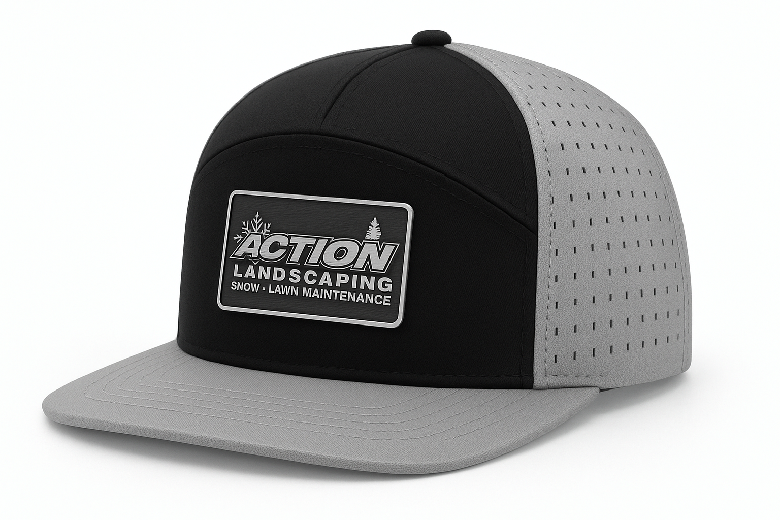 Black and gray action landscaping trucker cap with a patch displaying the logo and text for 'Action Landscaping' and services for snow and lawn maintenance.