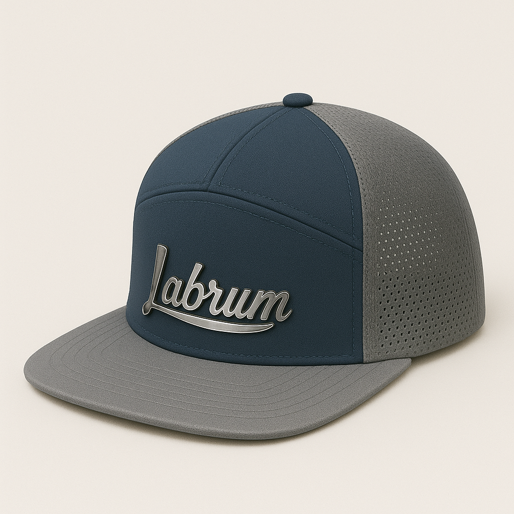 A blue and gray snapback cap with the word 'Labrum' embroidered on the front in metallic lettering.