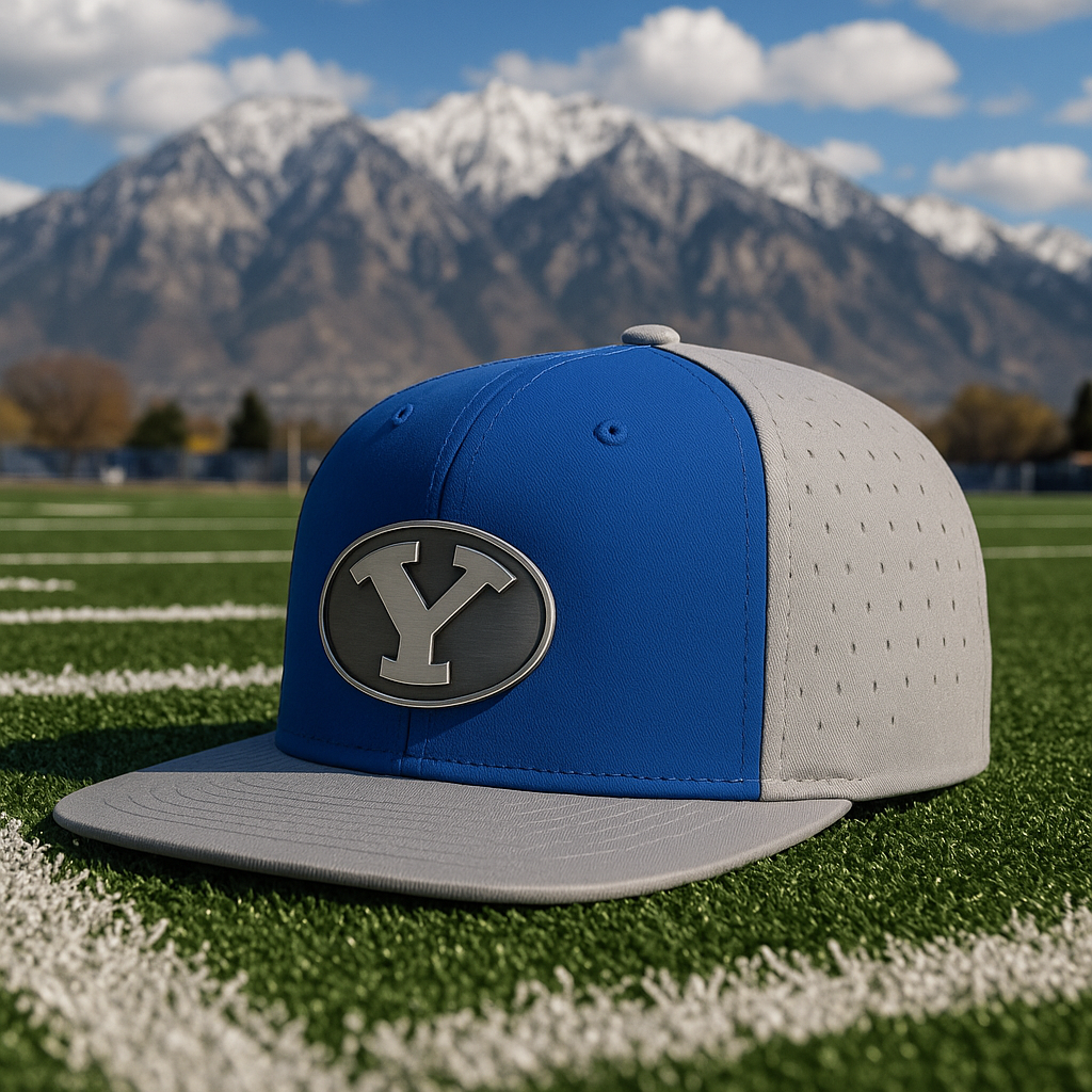 A baseball cap with a blue front and gray back, featuring a circular logo with a silver 'Y' on the front, placed on a football field with mountain ranges and a blue sky in the background.
