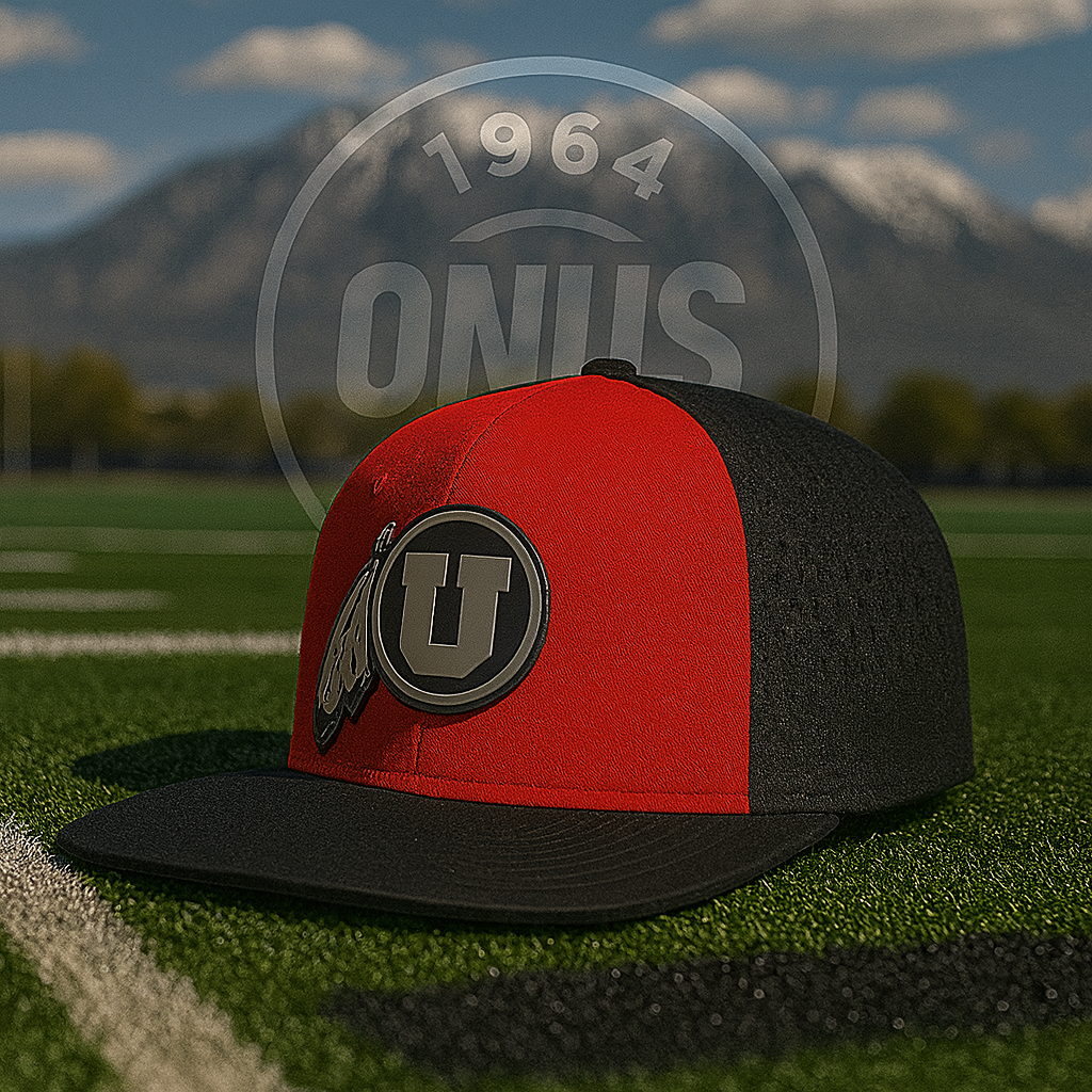 Red and black baseball cap with a logo featuring a letter U and a wing, placed on a football field. Mountains and blue sky with clouds in the background.