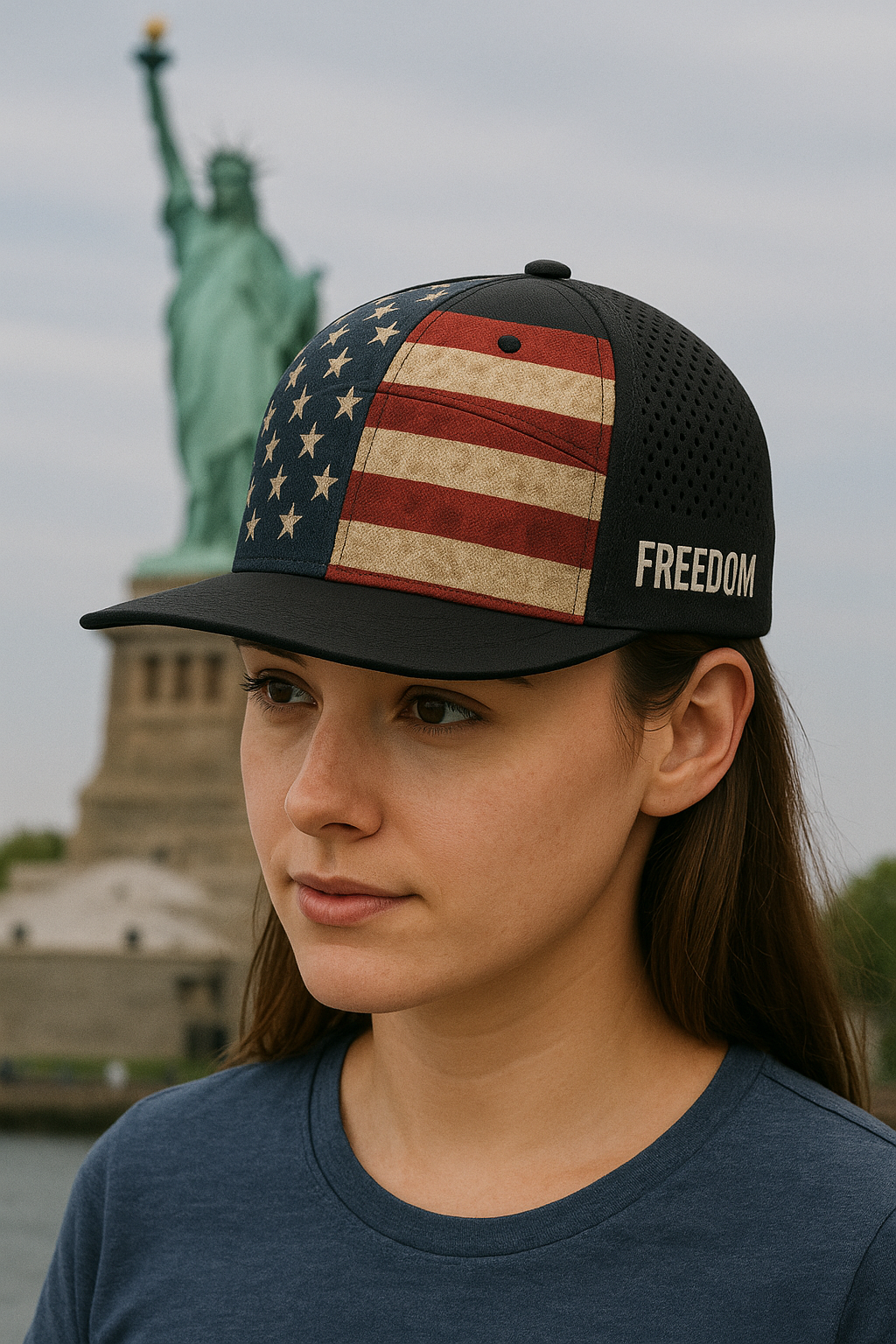 Young woman wearing a cap with an American flag design and the word 'FREEDOM' on the side, with the Statue of Liberty in the background.
