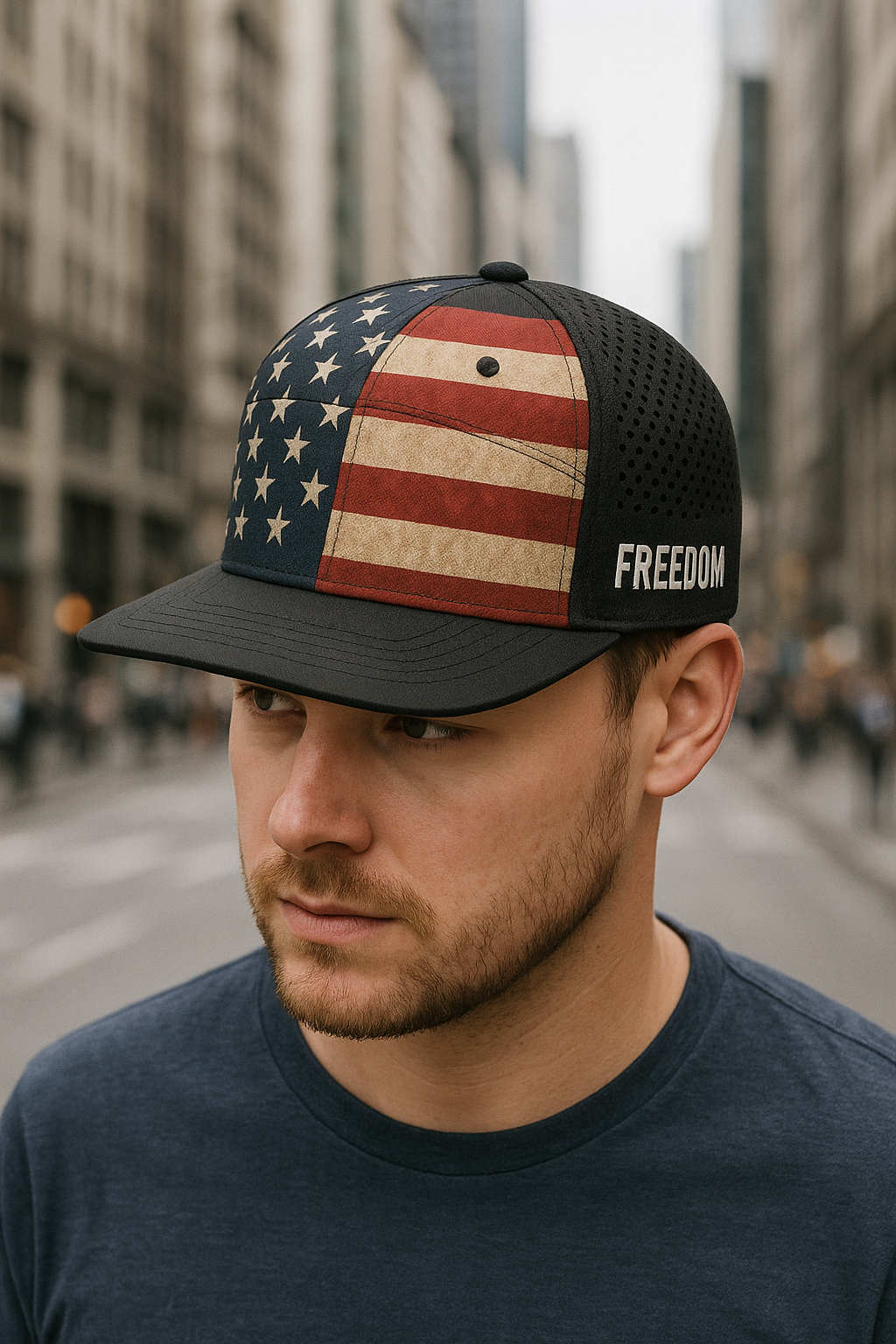 A young man wearing a black trucker hat with an American flag print and the word 'FREEDOM' on the side, standing on a city street with tall buildings in the background.