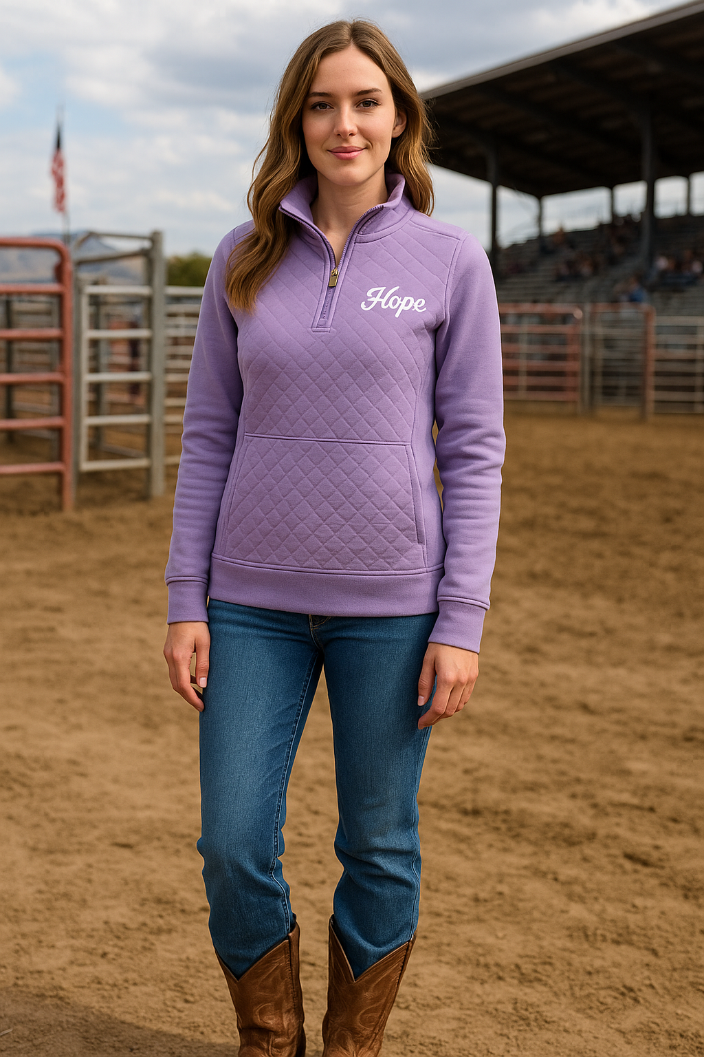 A woman standing on a dirt rodeo arena wearing a purple quilted jacket with the word 'Hope' embroidered on it, blue jeans, and brown cowboy boots.